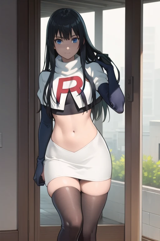 photorealistic, (4k), depth of field, (Masterpiece), (realistic skin texture), extremely detailed, intricate, hyper detailed, professional photography, bokeh, high resolution, sharp detail, best quality, girl, long hair, black hair, bangs, blue eyes, , team rocket,team rocket uniform,white skirt,red letter R,crop top,black thigh-highs,black elbow gloves