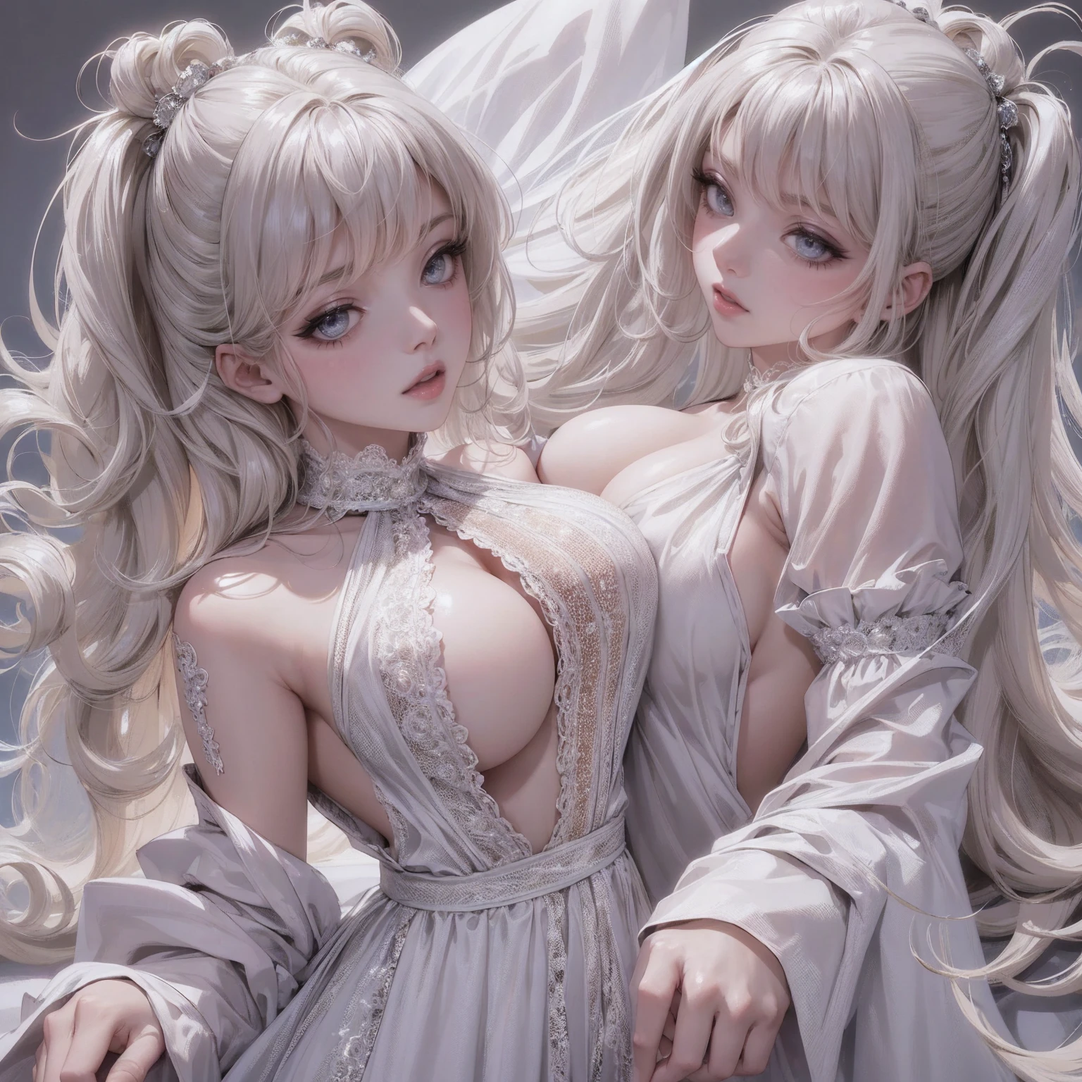 finest image, female, sexy, beautiful, cute, amorous expression, lewd expression, ecstasy, orgasm, light blond glossy braided bangs iridescent hair, light gray sparkling big eyes, double eyelids, white anime style fluffy long eyelashes, red alluring moist big thick lips, medium breasts, abs, ass, perfect proportion, long thin legs, lace see-through robe, background top of the hill, professional lighting, sitting