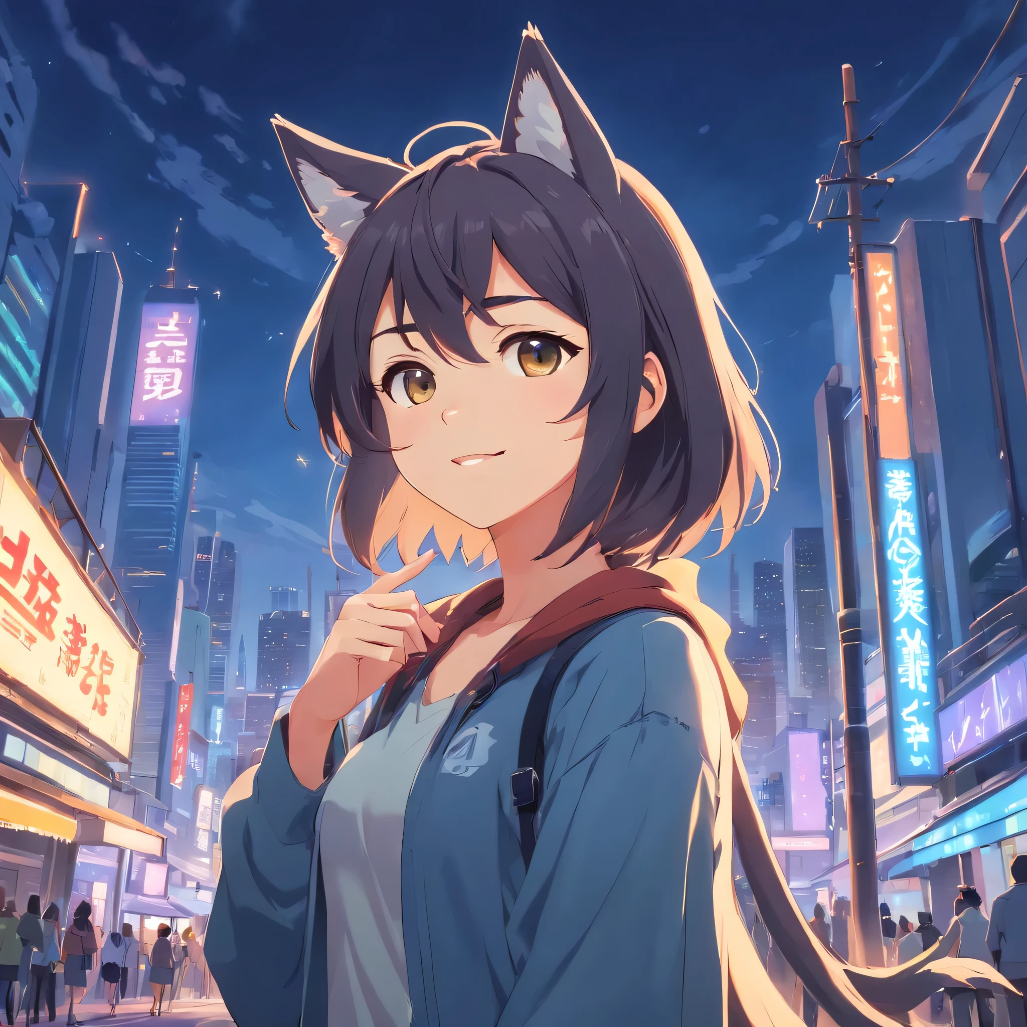 (Highest quality), 4K, beautiful girl, Fantasy, Wolf Ears,Wolf's Tail, tooth, Laugh cutely、 City of night、cool、stylish、