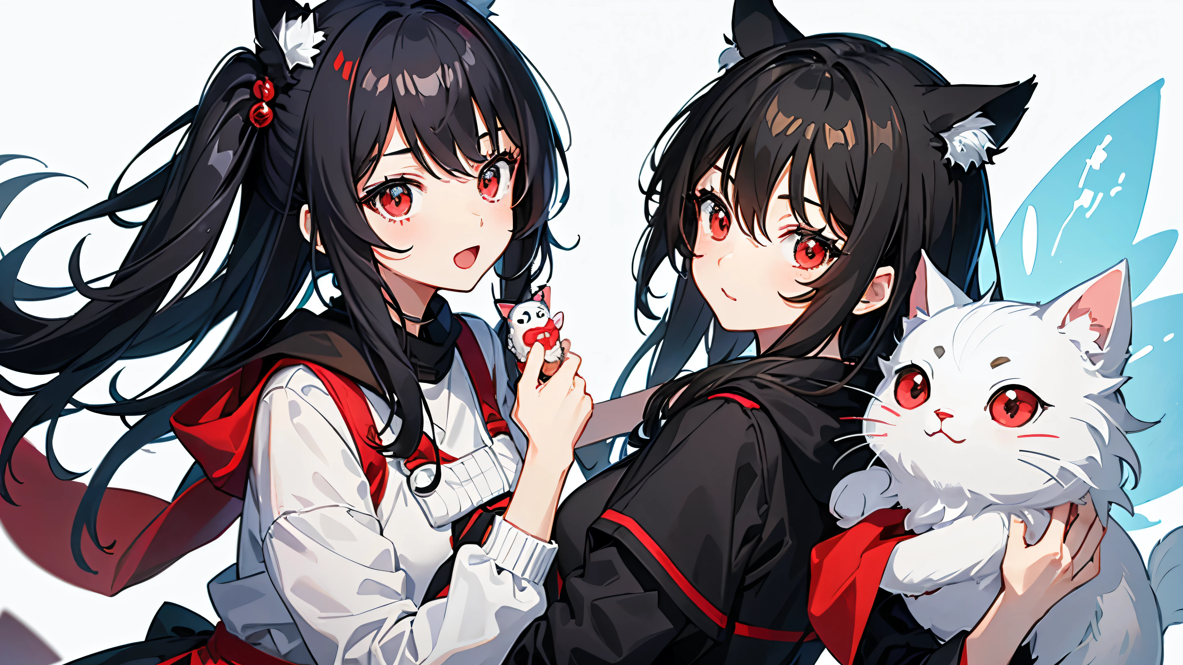 Create an anime-style illustration of a cute character with black hair and red eyes。The character is wearing a black hood、She is holding a grey, mackerel and white cat plush toy.、The overall feel is playful.。The facial expression shows surprise and joy.、It emphasizes the overall cute and lively atmosphere.。