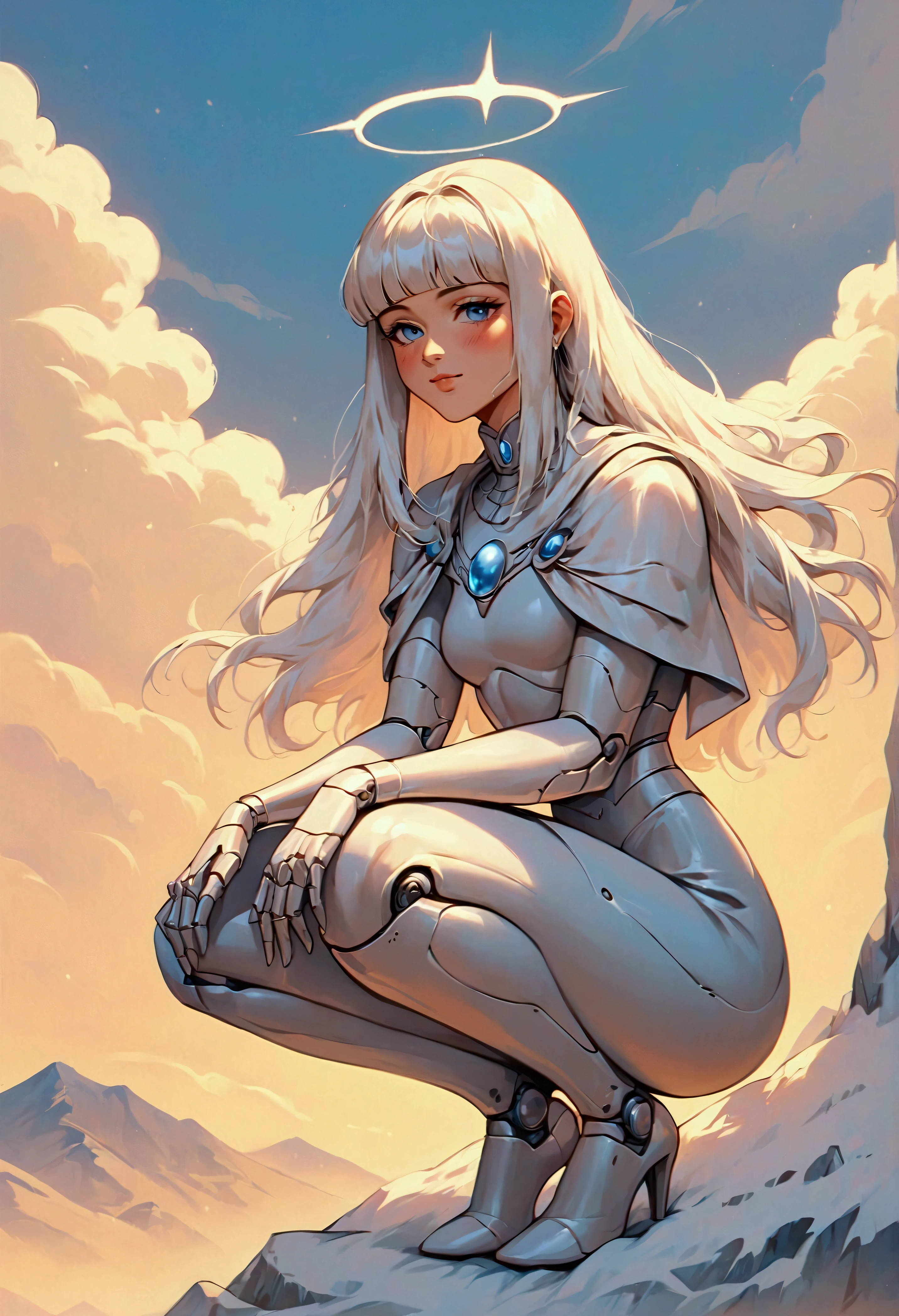 (score_9, score_8_up, score_7_up), zPDXL, 1 girl, alone, looking at viewer, crouching, hands on knees, white cat, mountain background, white hair, blue eyes, full body, long hair, white dress, bright white hair, white halo of light, halo, metallic pendant, blushing cheeks, white cat, mountain with a bit of snow, beautiful girl crouching with a halo of light, retro style, white cape, blunt bangs, white aura,