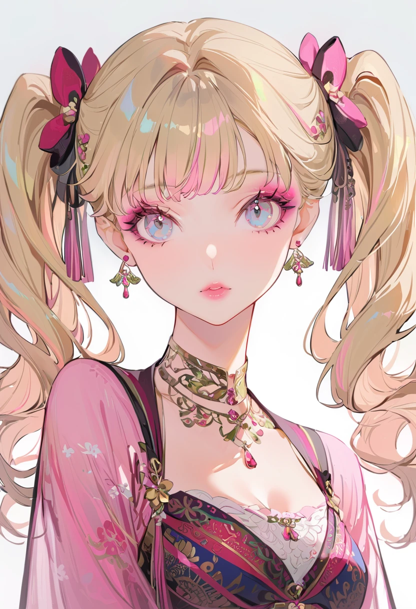 (Highest quality,Very detailed,High resolution:1.2),Beautiful girl with perfect face,very_Long eyelashes, Detailed lips, Cool look, Soft Skin, ,Vibrant Background, Natural light,The cutest girl in the world,Exquisite makeup,Long blonde hair with pink mesh at the ends, Twin tails
