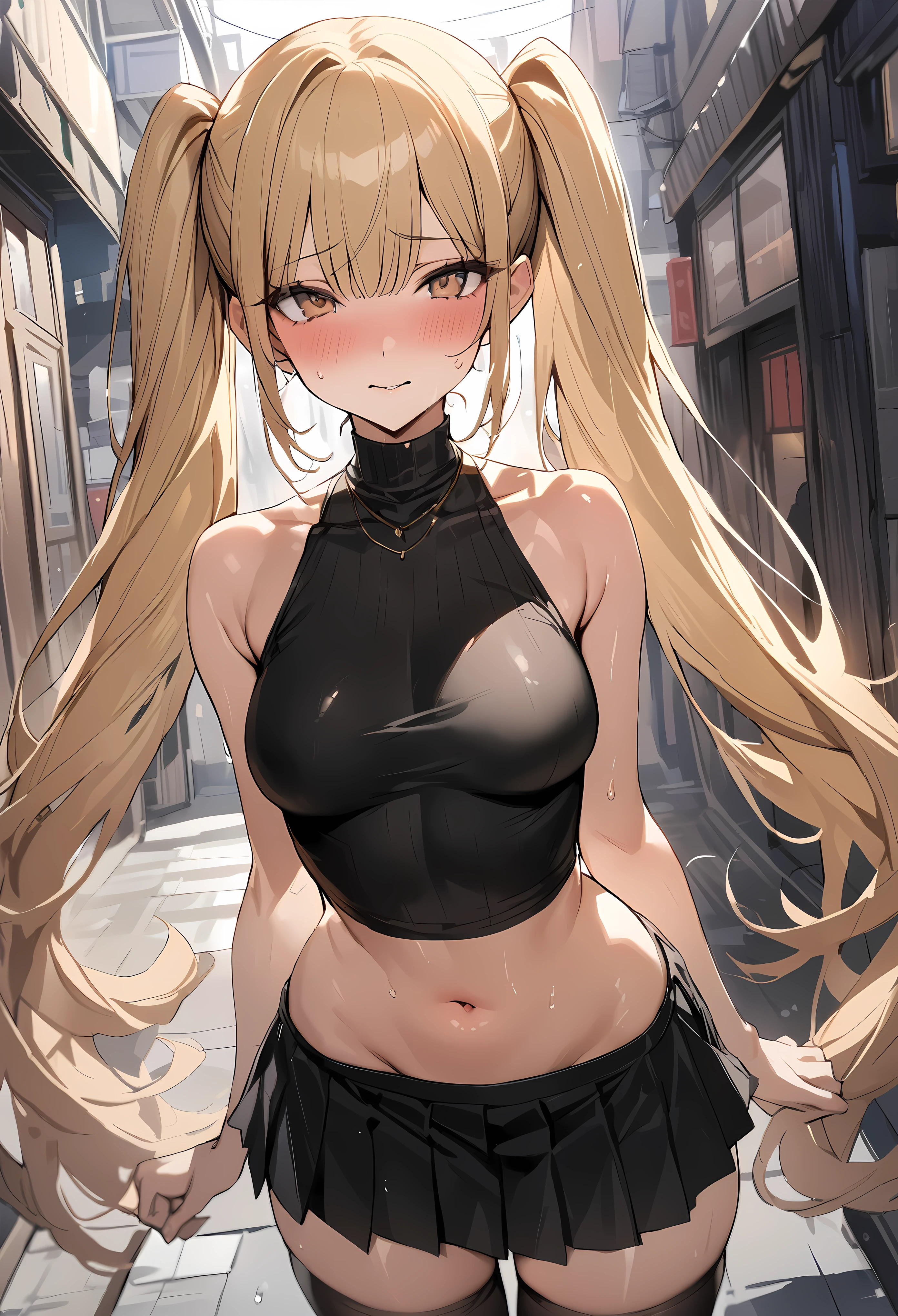 ((masterpiece,best quality anime,Highest quality:1.3)),cowboy shot,(Mature Beauty),Female Wizard、solo,1woman,((very small head:1.3)),((ideal ratio body proportions:1.2)),blonde hair,high twin tails,straight long hair,bangs,gorgeous eyes,brown eyes,shy,(Black sleeveless、turtleneck、navel、Black pleated mini skirt),black_thighhighs,((slender body,skinny,toned body)),medium breasts,gleaming skin,shiny skin,sweat:1.3,on street,shibuya、Tokyo、A modern magical fantasy world、