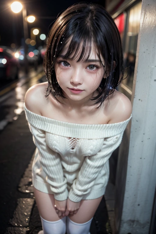 high quality, detailed,a girl with white water drops on her face.she is taking a shower,lots of white water droplets.(at night:2.0),green eyes.she is japanese bitch gal,standing prostitute,she has a mole under her eye,(smallest breasts),(wearing long sleeve oversized sweater dress,offshoulder,very very wet thin fabric sweater,),blunt bangs,((bob hair,very wet hair and wet face,shiny face)),((wearing overknee socks)),slender,face up,nipples,temptation,orgasm,huge smile,
lean against the wall,
Downtown at night、Big city、A street corner in the red light district at night、crowd street、lots of passersby、Angle from the side diagonally