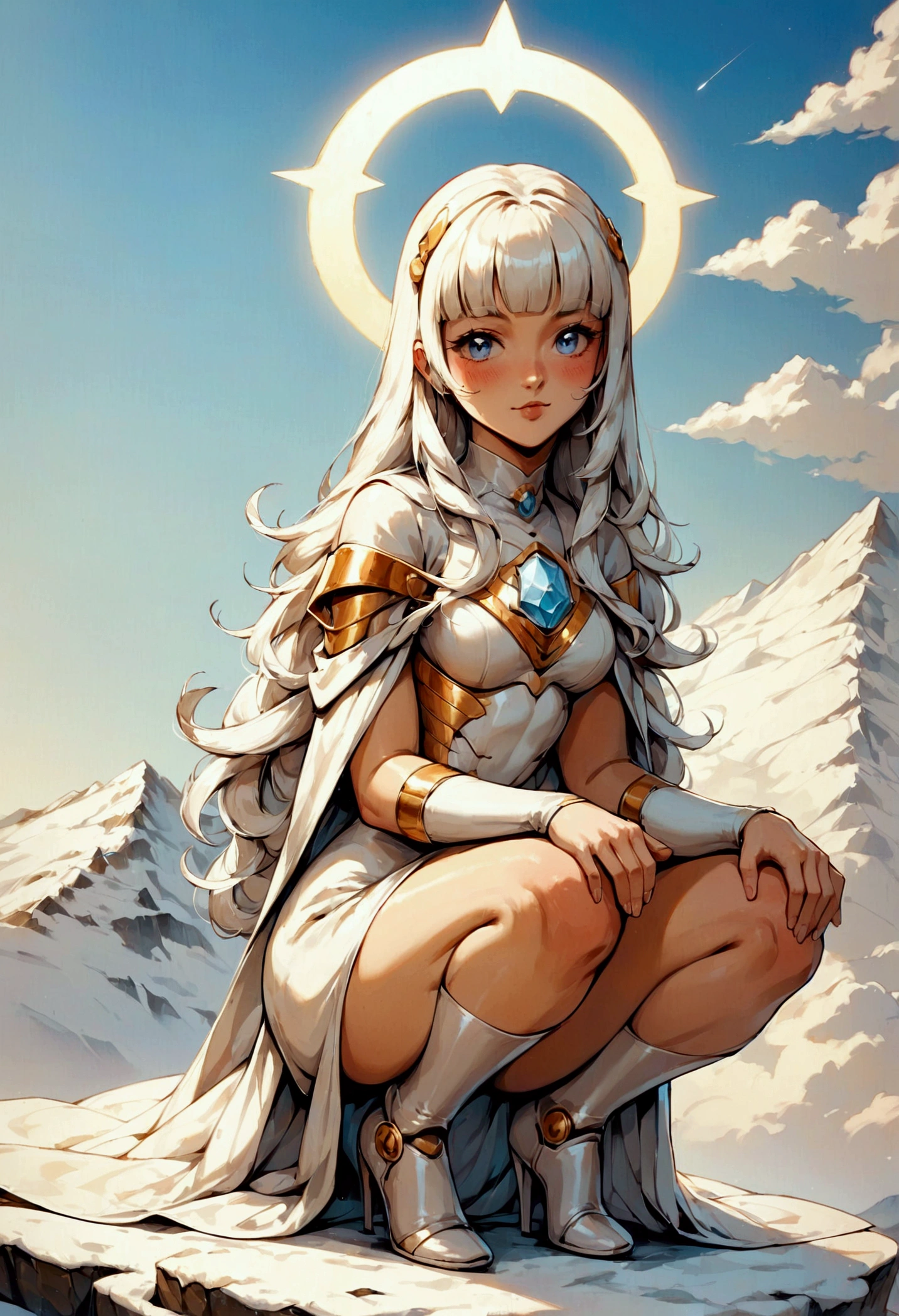(score_9, score_8_up, score_7_up), zPDXL, 1 girl, alone, looking at viewer, crouching, hands on knees, white cat, mountain background, white hair, blue eyes, full body, long hair, white dress, bright white hair, white halo of light, halo, metallic pendant, blushing cheeks, white cat, mountain with a bit of snow, beautiful girl crouching with a halo of light, retro style, white cape, blunt bangs, white aura,