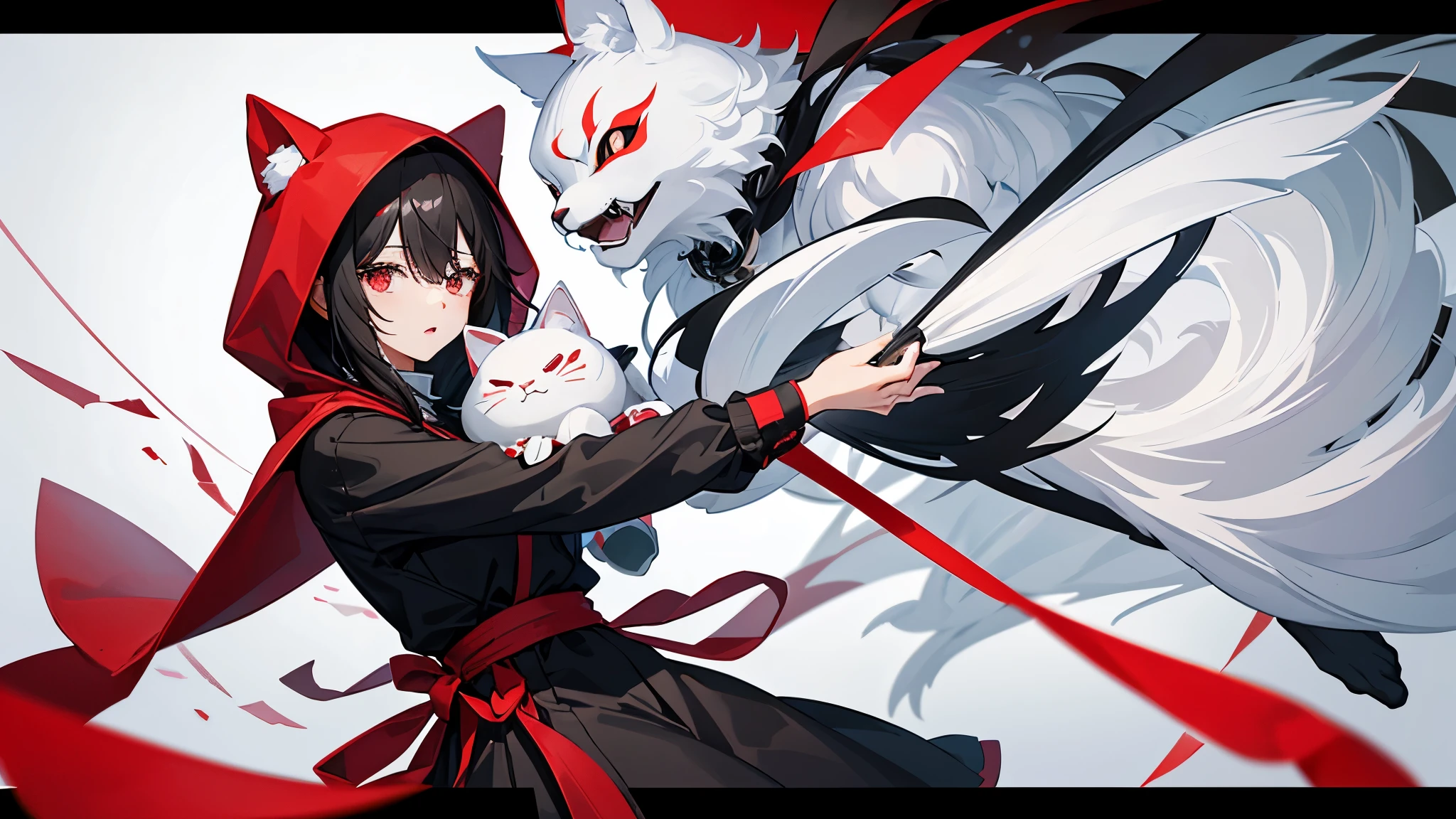 Create an anime-style illustration of a cute character with black hair and red eyes。The character is wearing a black hood、She is holding a grey, mackerel and white cat plush toy.、The overall feel is playful.。The facial expression shows surprise and joy.、It emphasizes the overall cute and lively atmosphere.。