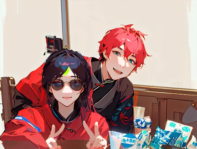 There were three people sitting at a table,Food and drinks on the table, student, 用户photo, 2 people, kda and sam, photo, Very very low quality image, 彩色photo, By Kim Jeong-hui, Ruan Jia and Fenghua Zhong, Nicholas and Sakimchan, Filmed in the early 2020s