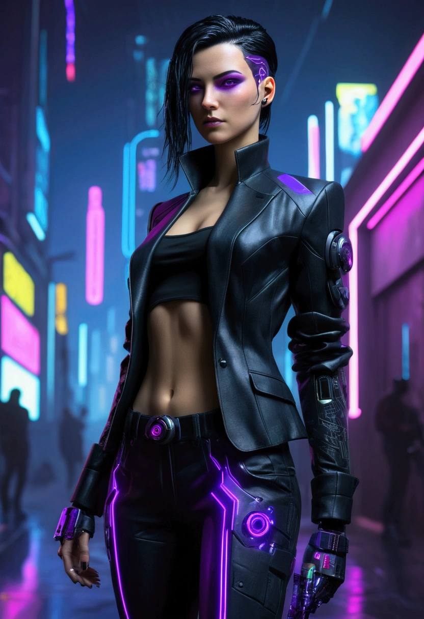 ((top-quality)), ((Best Retail)), (high level of detail: 1.3), ....3d, dark hair woman,Beautiful I did (cyberpunk:1.3) homem, wearing black suit with violet accents hacker, spy,Long medium rise,(Medium plan)