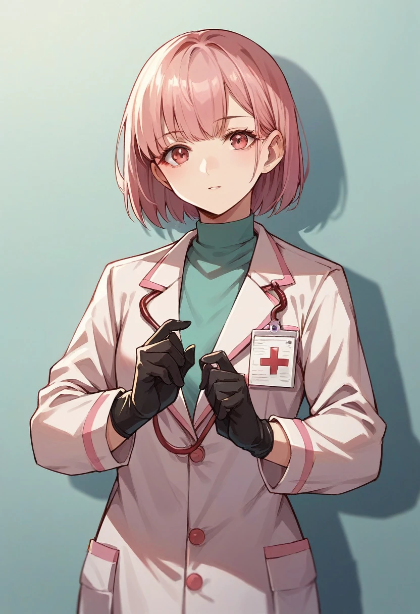 1girl, bangs, ((black medical gloves)), ((((long sleeves)))), looking at viewer, ((pink doctor outfit)), standing, solo
