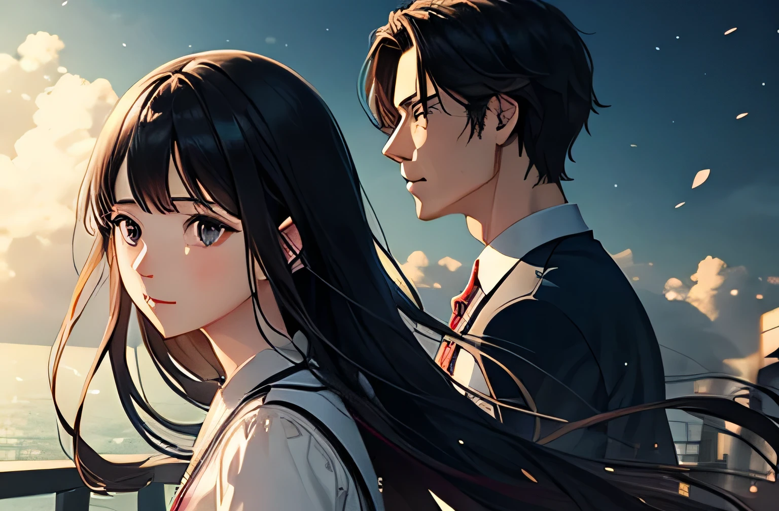 Highest quality,farewell,Breaking away,farewellる男と女,The two of them moving away,The woman has long, black hair,The man's hair is short and black,The background is the sea,