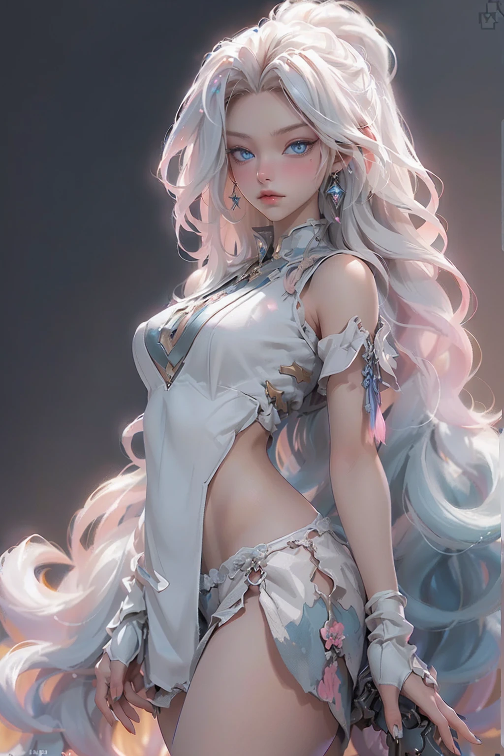 ((best qualityer)), ((work of art)), (detailded:1.4), 3d, a picture of a beautiful,hdr (high-range dynamics),ray tracing,nvidia RTX,Super-resolution,Irreal 5,underground dispersal,PBR Texturing,Post-processing,Anisotropic filtering,Depth of field,Maximum clarity and sharpness,Multilayer textures,Surface shading,Accurate simulation of light-material interaction,perfect proportions,octane rendering,Two-tone lighting,large aperture,Low ISO,White balance,rule of thirds,8K CRU,work of art, best qualityer, (8k very detailded CG unit wallpaper) (best qualityer), (Best illustration), (best shading), (:1. 6), wavy white hair, bright blue eyes HD, pink mouth, pale hair, wolf's ears, spoken wolf tail, white top, white micro thong panties, short clothing