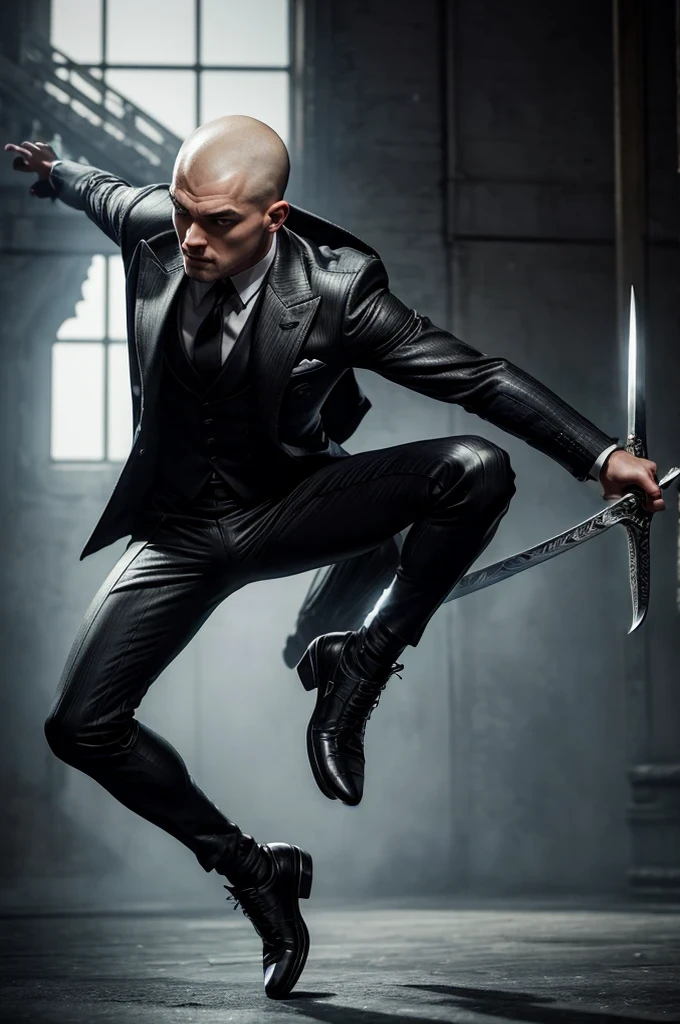masterpiece, best quality, extremely detailed, hyperrealistic, photorealistic, a cool 30s man, ultra detailed face, shaved head, sword blade arms, black suit, dancing, artistic jump:1.1, dynamic posing, dynamic angle
