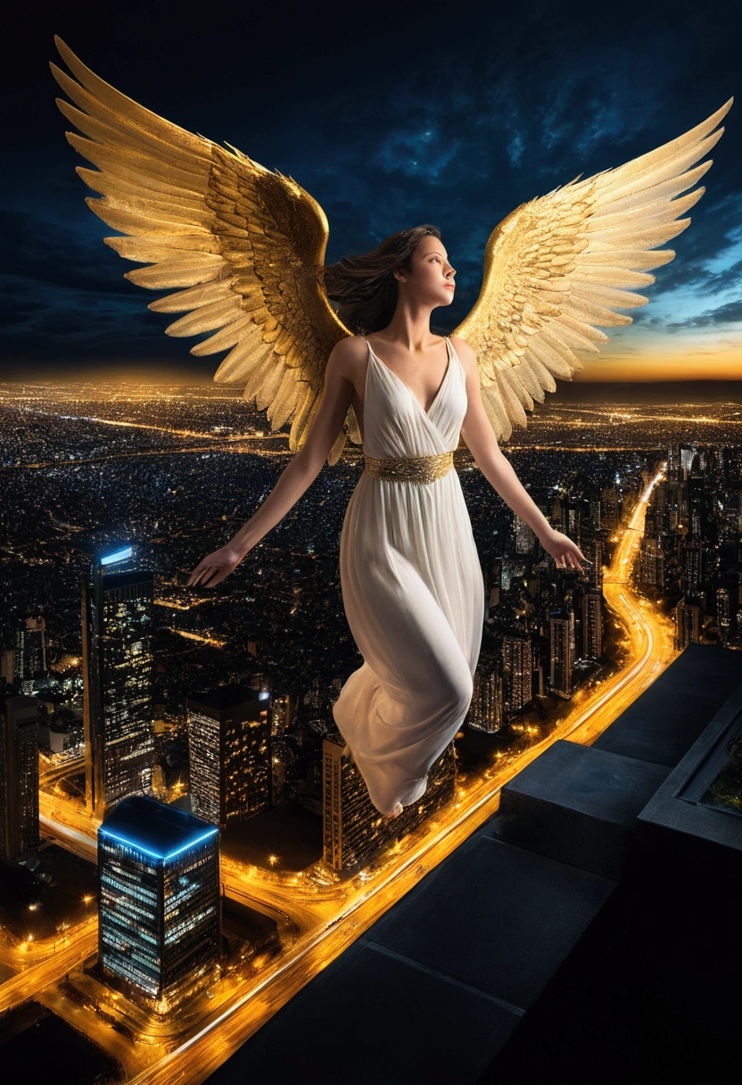 This image depicts an angel woman hovering over a city at night. The city lights create a golden and dramatic atmosphere, while its delicate presence and dark wings contrast with the urban environment. The woman seems protective and vigilant.