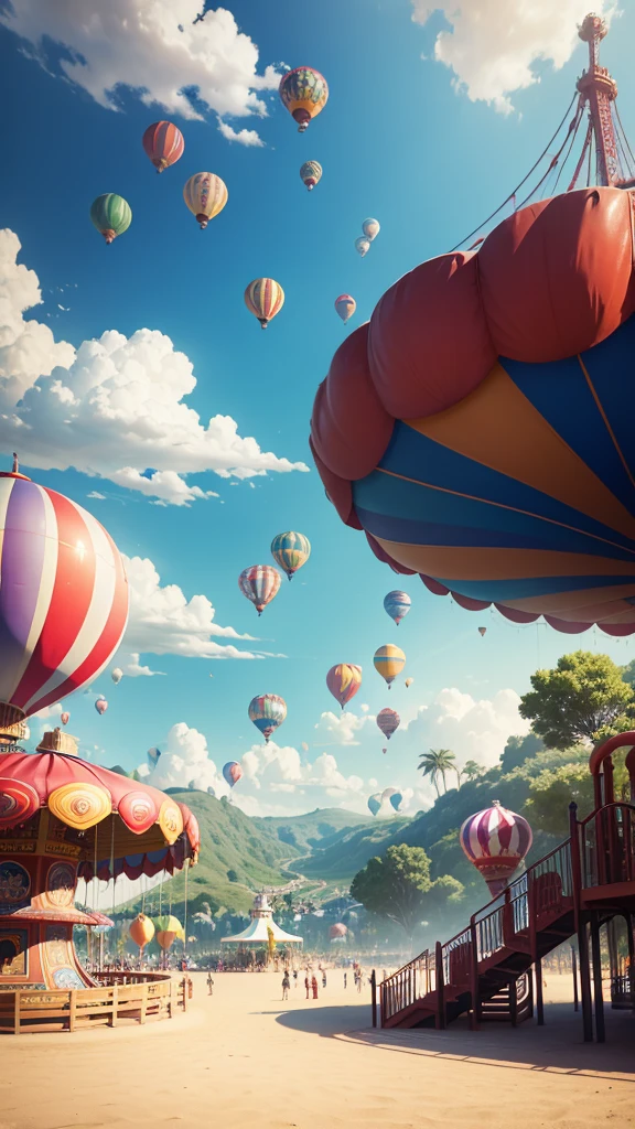 Wheel of Fortune, roller coaster, carousel, Many hot air balloons, playground, playa, greenery, people come and go, Have fun