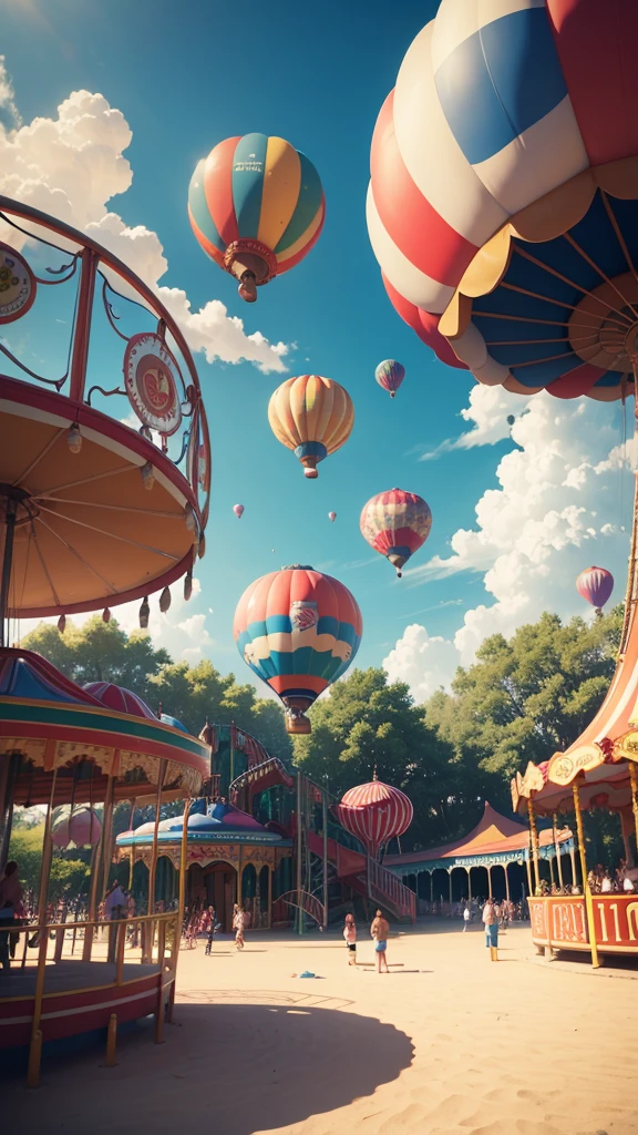 Wheel of Fortune, roller coaster, carousel, Many hot air balloons, playground, playa, greenery, people come and go, Have fun