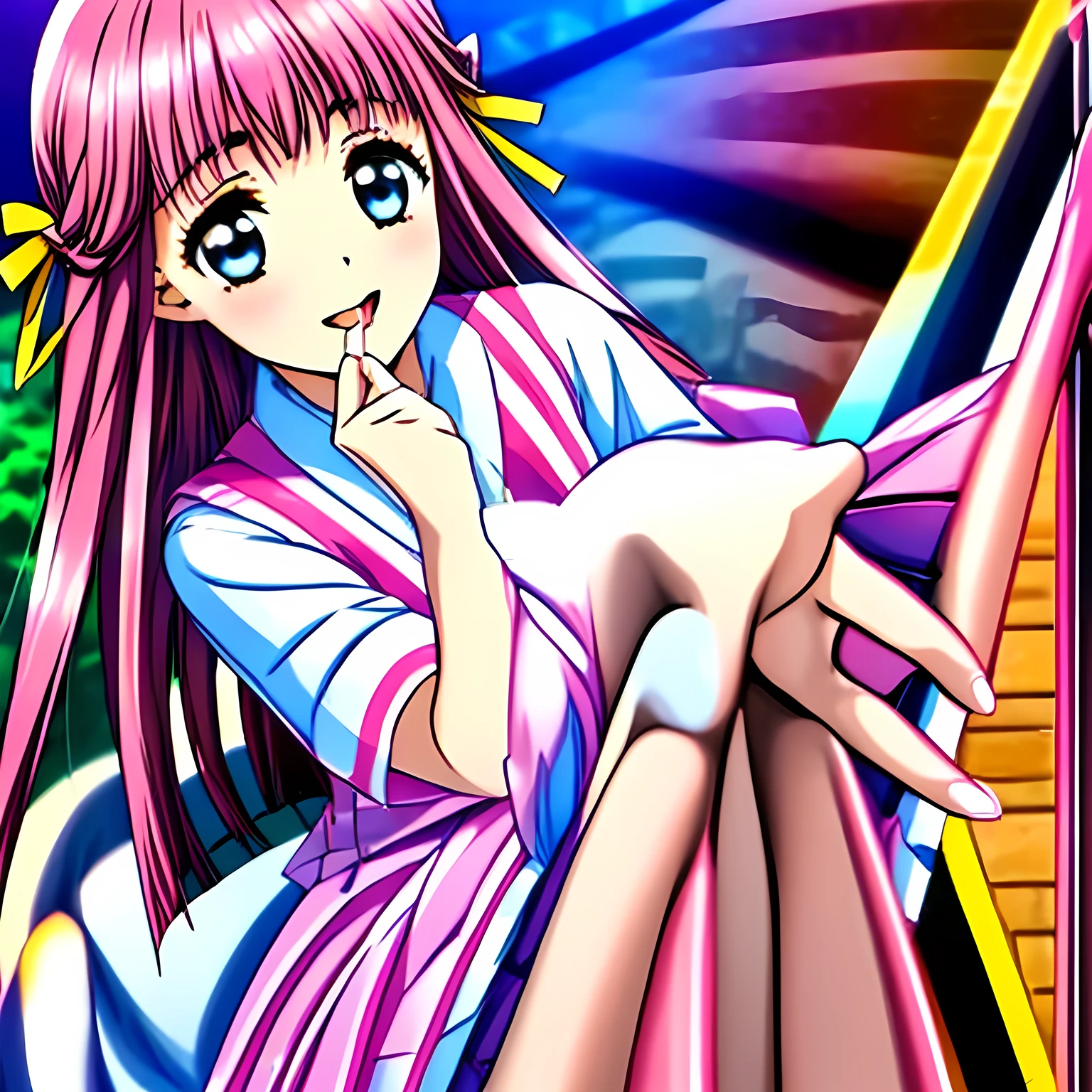 (highest quality, masterpiece:1.2), highest quality, High resolution, 1080P, 8k, (Very beautiful and delicately drawn high-resolution anime CG: 1.5), (Some beautiful 15yo girl anime heroine, A very neat, very noble, pretty, pure girls are hugging a transparent person on a pink bed at a time as succubus: 1.4), (sharp thin lines: 1.2), Glossy lips, Evenly cut curled bangs, (beautiful blue eyes with detailed: 1.3), (Very beautiful and very super-long flowing pink long hair: 1.2), (Noble pink gorgeous school vest uniform, pink gorgeous pleated noble skirt, white neat blouse: 1.8), (Yellow cute school ribbon on her chest), (Yellow hair ribbon clip: 1.0), (Giggling: 1.0), (Mouth is laughing and wide open as a game heroine: 1.0), (A beautiful body like a model), (Walking with a brown leather school bag, turning around), (long cute eyelashes: 1.4), ((thin droopy eyebrows: 1.4)), (giggling and calling me to invite me to her extreme happiness with her mouth widely open!: 1.6), (showing her very long tongue: 1.6), (laughing shy cheeks and lips, as if watching a comedy: 1.5), ((Very super long wavy hair is too much beautiful: 1.0)), (Tilting her head shyly: 1.2), (Too beautiful women to stop falling into her, makes me crazy: 1.6), (She is in fact succubi and calling me with strong religious temptation, drops me into craziness: 1.2), (showing her palm to invite me: 1.2)