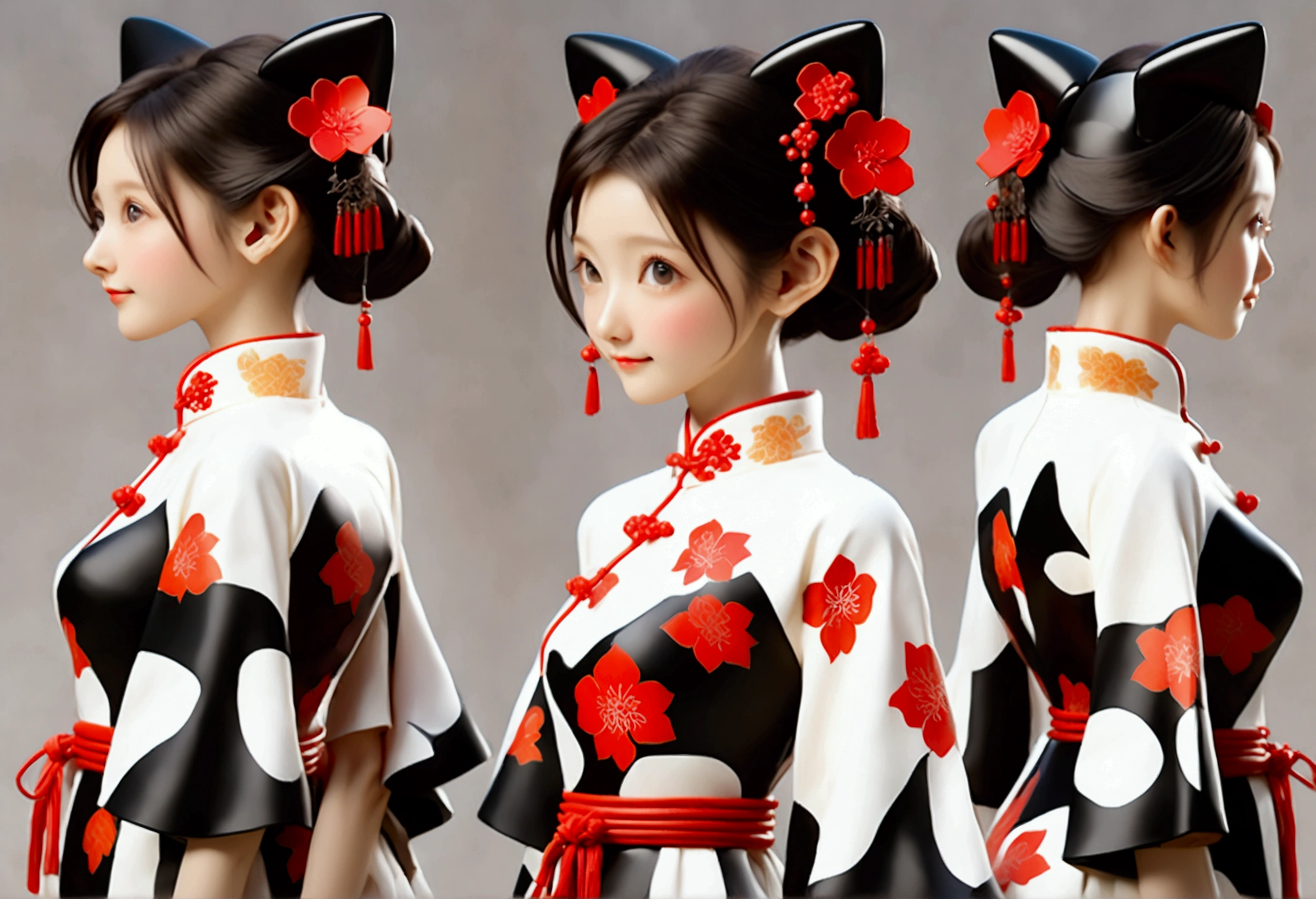 (((Showing the front view of the same 3D character IP figurine design、Side View、Rear view:1.5)))，Young fashionable girl，Wearing a fashionable ink-dyed cheongsam，Ink black and white mixed color Atles silk cheongsam，Uyghur totem cheongsam，Red bougainvillea pattern，Cheongsam style combining ethnicity and fashion，Chinese retro pattern，Cute floral pattern，airplane sleeves，Wide sleeves，Balloon sleeves，Pipa sleeves，Create 3D national trend characters，Delicate bougainvillea pattern，Multi-ethnic cultural integration，Three-dimensional Chinese style，Chinese style 3D character IP figure design，Perfectly proportioned oval face，Film-level ultra-high quality texture，Global Illumination，（Full body styling），((The same 3D character IP figure design with the same clothing and accessories from multiple perspectives，Front view of the same 3D character IP figurine design，同一个3D人物IP手办设计的Side View，同一个3D人物IP手办设计的Rear view))，
