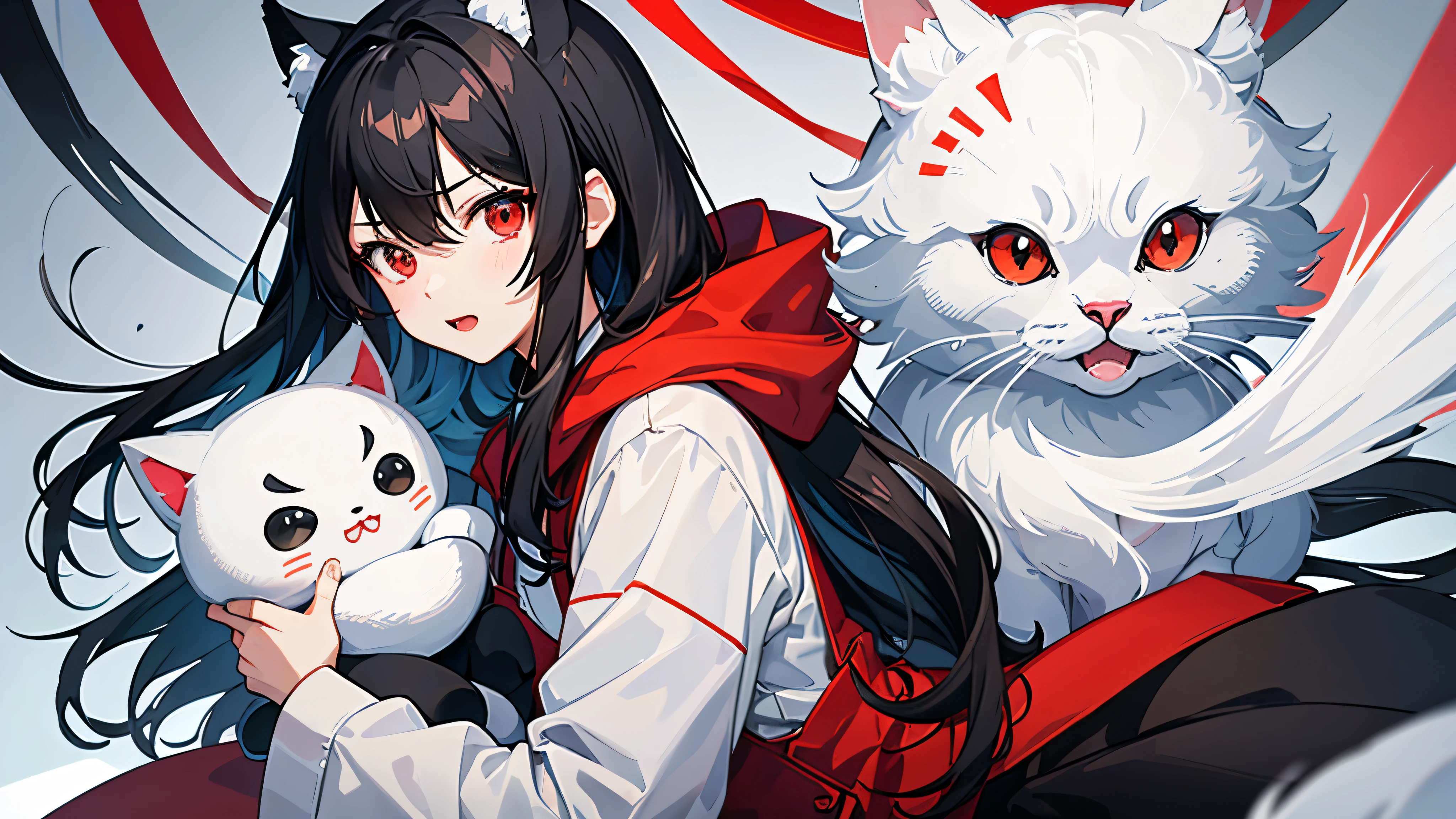 Create an anime-style illustration of a cute character with black hair and red eyes。The character is wearing a black hood、She is holding a grey, mackerel and white cat plush toy.、The overall feel is playful.。The facial expression shows surprise and joy.、It emphasizes the overall cute and lively atmosphere.。