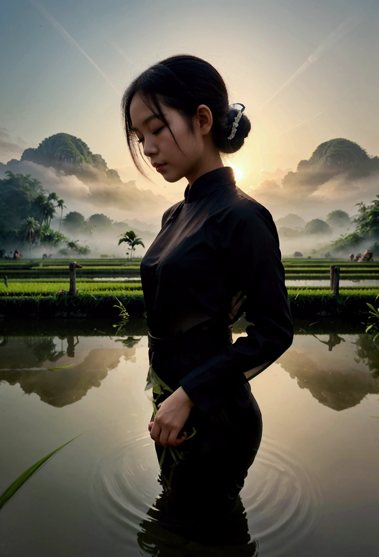 “Create an artistic double exposure photograph that blends the silhouette of a Vietnamese girl with a serene Vietnamese landscape. The landscape should include elements like lush rice paddies, traditional Vietnamese architecture, and a tranquil river. The girl’s silhouette should be graceful and elegant, capturing the essence of Vietnamese culture and beauty.”