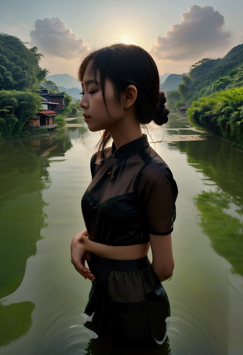 “Create an artistic double exposure photograph that blends the silhouette of a Vietnamese girl with a serene Vietnamese landscape. The landscape should include elements like lush rice paddies, traditional Vietnamese architecture, and a tranquil river. The girl’s silhouette should be graceful and elegant, capturing the essence of Vietnamese culture and beauty.”