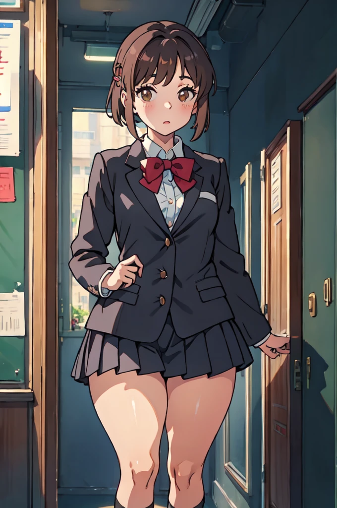 、Brown eyes、Black short bob、Blazer uniform、Small breasts、Plump、Red hairpin、School corridor