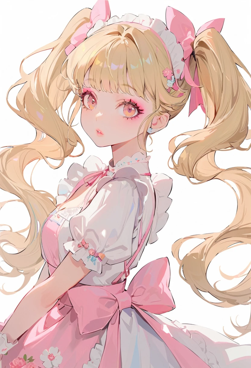 (Highest quality,Very detailed,High resolution:1.2),Beautiful girl with perfect face,very_Long eyelashes, Detailed lips, Cool look, Soft Skin, ,Vibrant Background, Natural light,The cutest girl in the world,Exquisite makeup,Long blonde hair with pink mesh at the ends, Twin tails, Maid clothes, I have a gun in my hand,