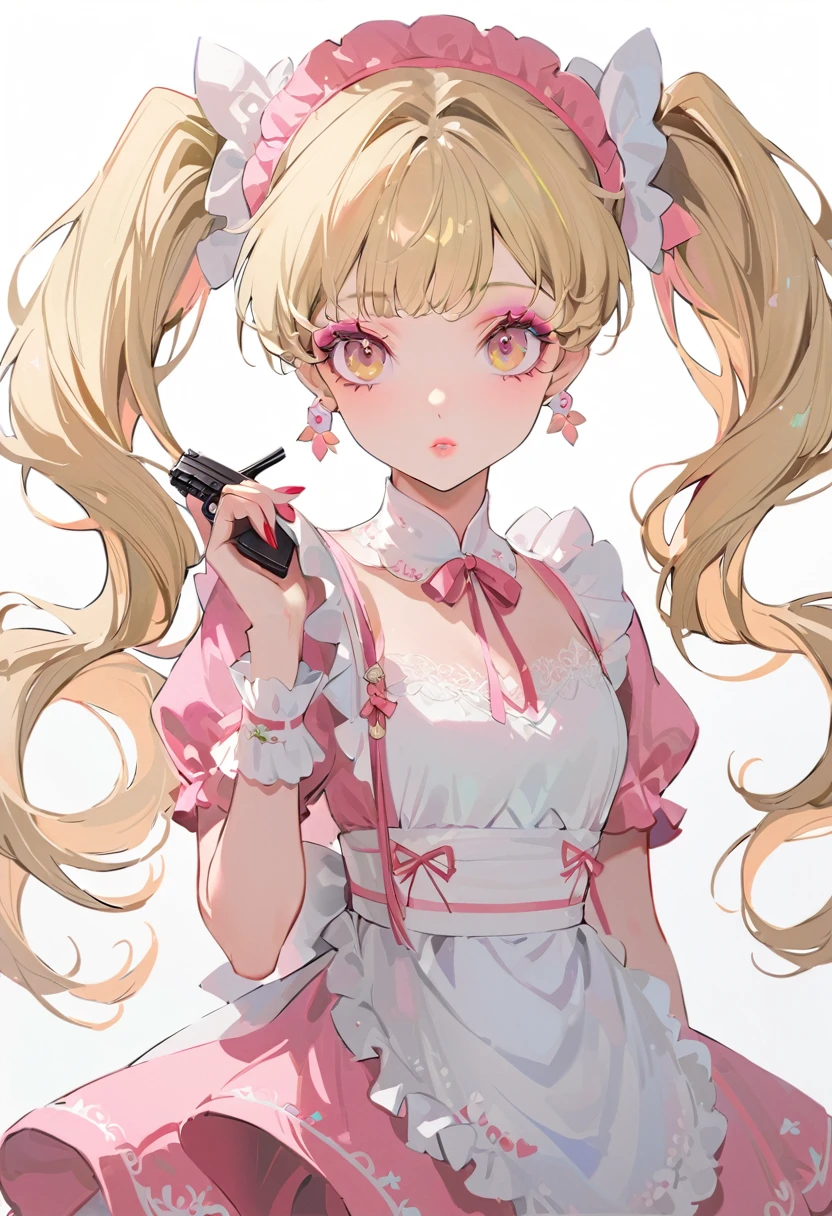(Highest quality,Very detailed,High resolution:1.2),Beautiful girl with perfect face,very_Long eyelashes, Detailed lips, Cool look, Soft Skin, ,Vibrant Background, Natural light,The cutest girl in the world,Exquisite makeup,Long blonde hair with pink mesh at the ends, Twin tails, Maid clothes, I have a gun in my hand,