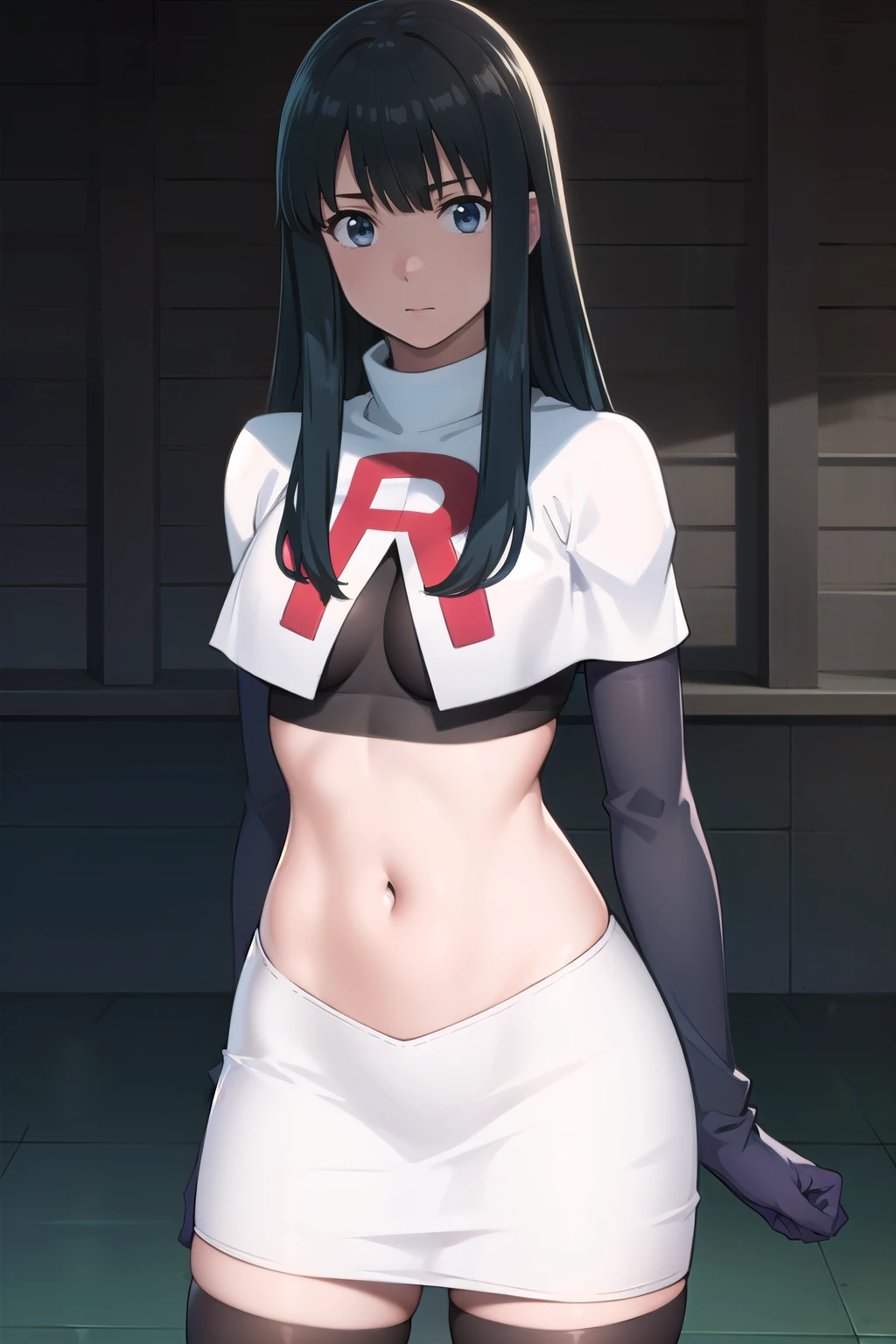 photorealistic, (4k), depth of field, (Masterpiece), (realistic skin texture), extremely detailed, intricate, hyper detailed, professional photography, bokeh, high resolution, sharp detail, best quality, girl, long hair, black hair, bangs, blue eyes, , team rocket,team rocket uniform,white skirt,red letter R,crop top,black thigh-highs,black elbow gloves