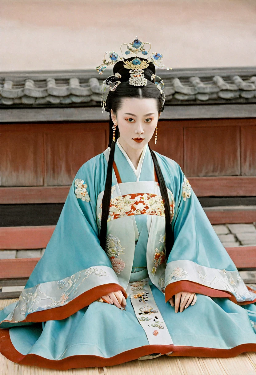 Empress of the Qing Dynasty at the Chinese court with her shimo-hair teased. Empress of the Qing Dynasty Empress of China crowned with a crown the size of a Chinese empress with her hair tied back and up, the background is stone tatami outside the Qing Dynasty.