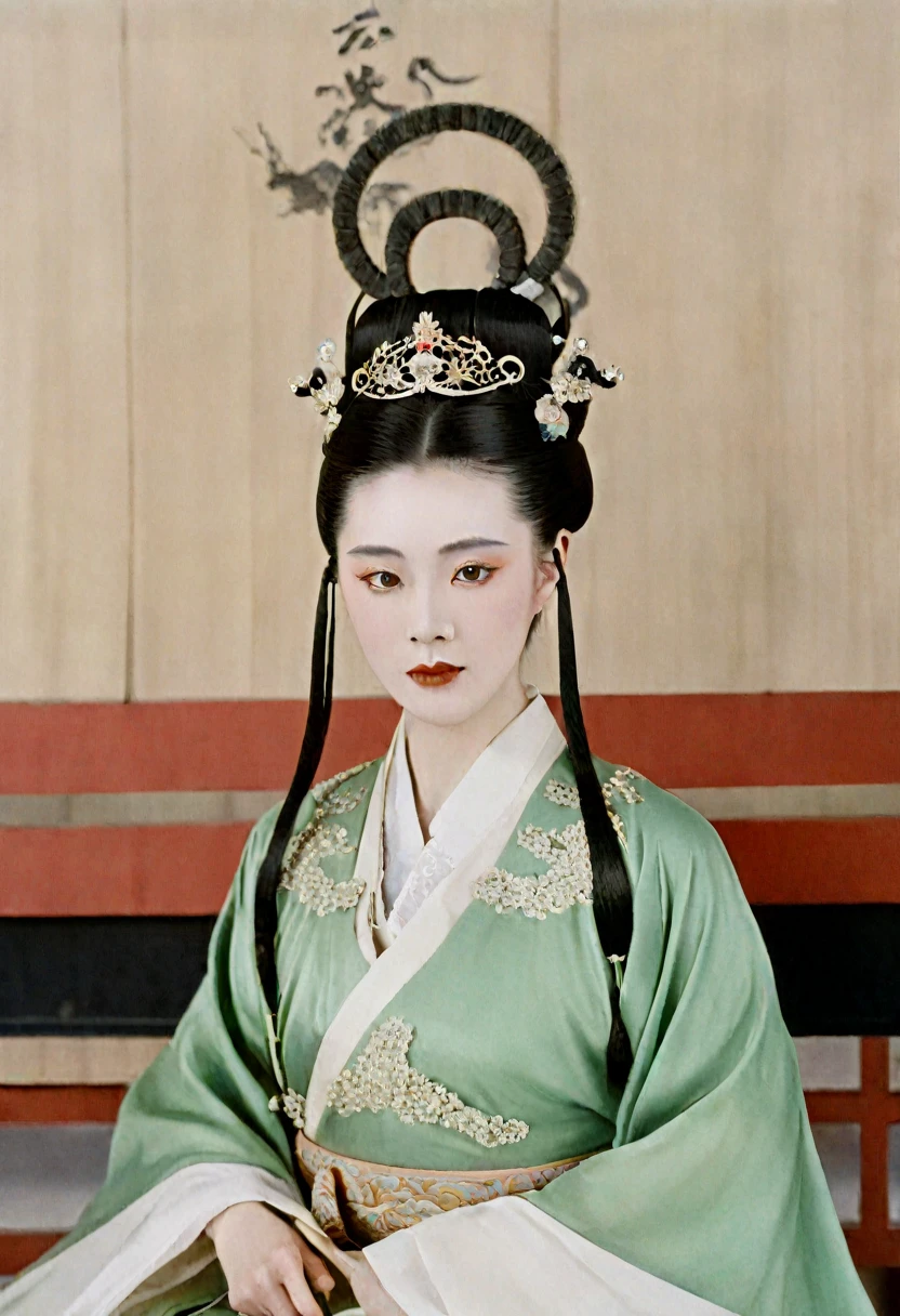Empress of the Qing Dynasty at the Chinese court with her shimo-hair teased. Empress of the Qing Dynasty Empress of China crowned with a crown the size of a Chinese empress with her hair tied back and up, the background is stone tatami outside the Qing Dynasty.