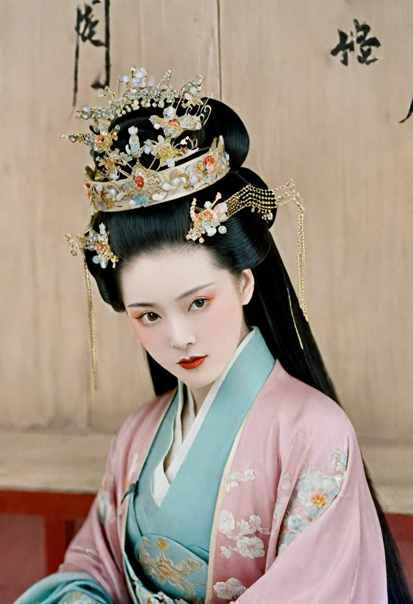 Empress of the Qing Dynasty at the Chinese court with her shimo-hair teased. Empress of the Qing Dynasty Empress of China crowned with a crown the size of a Chinese empress with her hair tied back and up, the background is stone tatami outside the Qing Dynasty.
