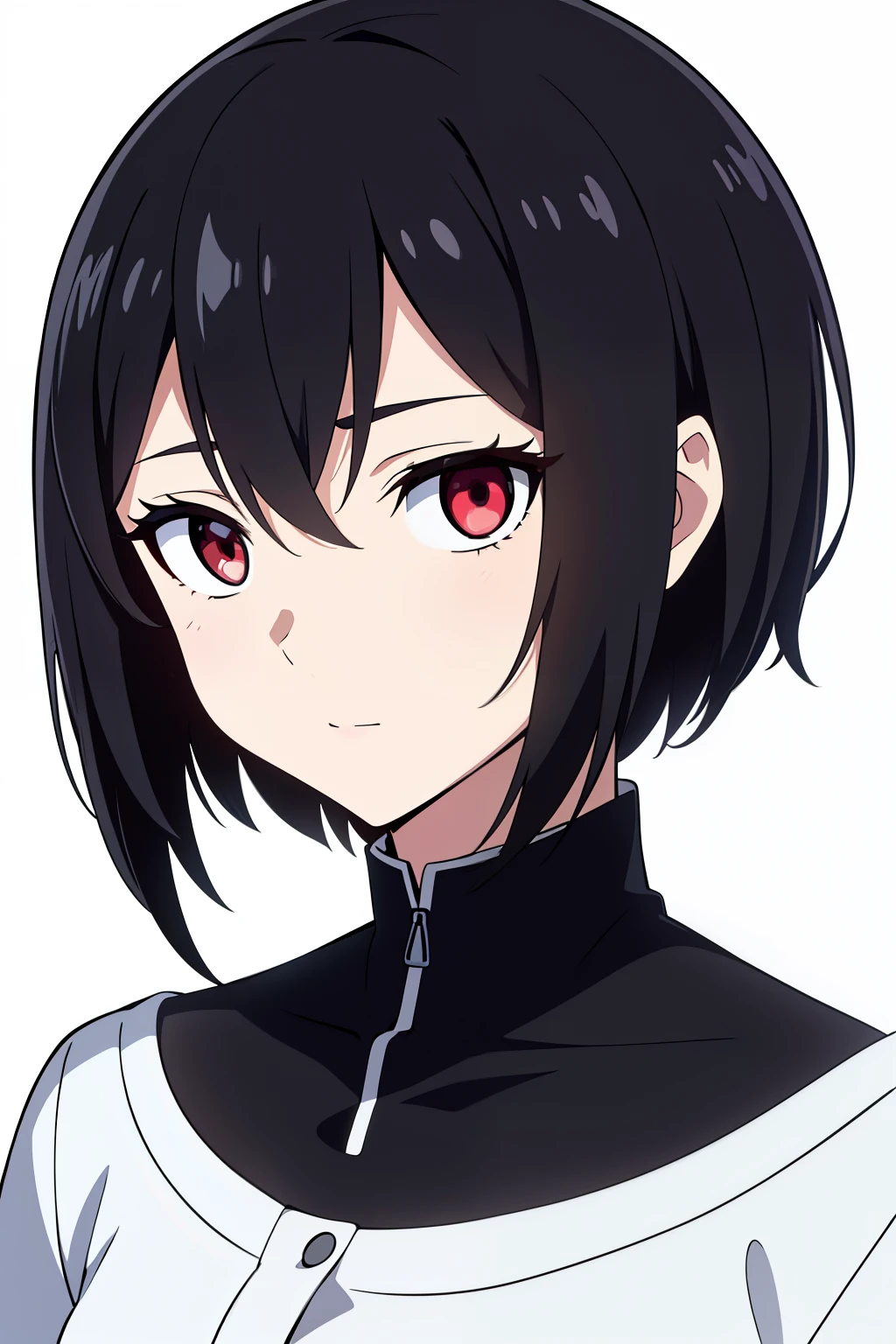 8k,illustration,short hair,,White background,Black_hair,Red Eyes,expressive eyes, Perfect face,Solitary,14 year old young female,1 Girl,best quality, Extremely refined、double eyelids,Simple background、face close-up、Immature,ethereal,乾淨White background,No background,Flirting eyes,Interested little head shake,Looking for attention,interesting soul,Like shyness,Very satisfied look