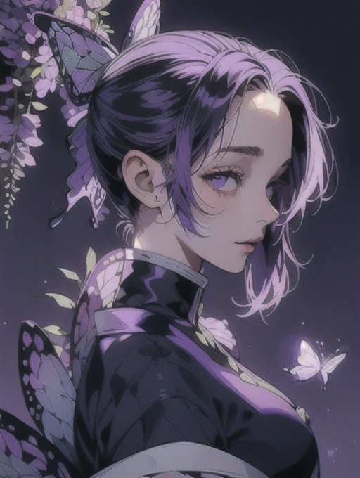 masterpiece, (purple kimono), seductive face, good lighting, décolleté, huge breasts, small details, masterpiece, glowing eyes, 1girl, purple hair, gag, Kochou Shinobu, wisteria background, masterpiece, best quality, POV, whole body, wide hips,