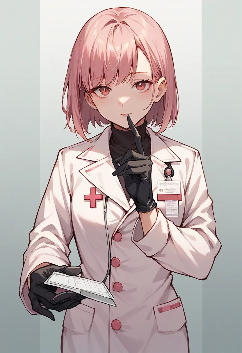 1girl, bangs, ((black medical gloves)), ((((long sleeves)))), looking at viewer, ((pink doctor outfit)), standing, solo