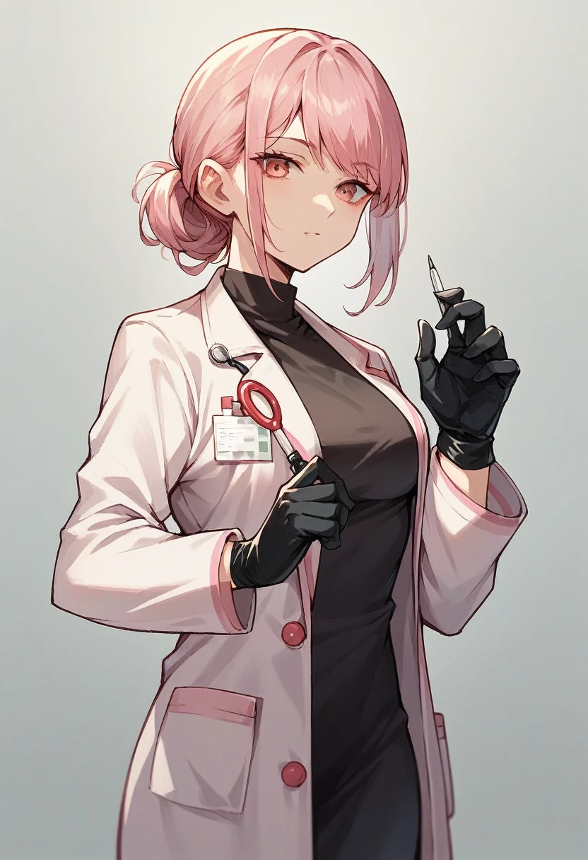 1girl, bangs, ((black medical gloves)), ((((long sleeves)))), looking at viewer, ((pink doctor outfit)), standing, solo