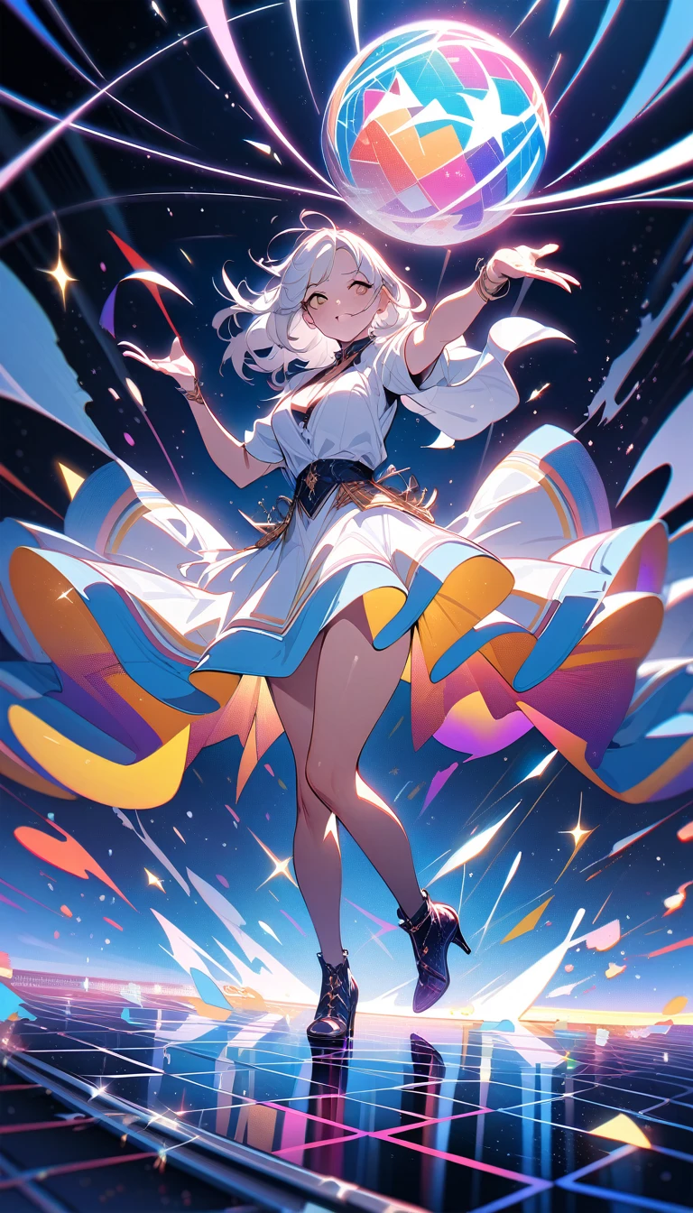 ((best quality)) , ((masterpiece)) , (detailed)，A full body illustration of an American female character in the style of Hearthstone card art, dancing on a disco dancefloor with a big glittering mirror ball overhead. She wears purple and gold  and has white hair. Her hands are up as if to talk to someone, with a happy expression. The background is colorful with vibrant colors and high contrast. It is a low angle shot with a wide lens. ，((print，print风格，White Space，背景White Space))
