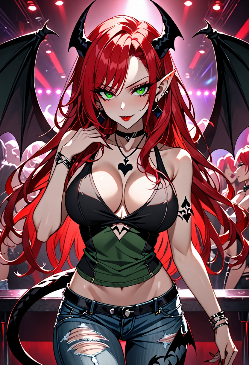 solo, female, vain pose, jewelry, close up, extremely attractive, flawless porcelain skin, long lustrous wavy red hair, red eyes, huge breasts, seductive smile, luxurious, elegant gala dress, ball room, velvet curtain, succubus, horns, demon wings, spade tail, billowing dress, conservative dress, seductive, vain, champagne, pinup pose, come hither gesture