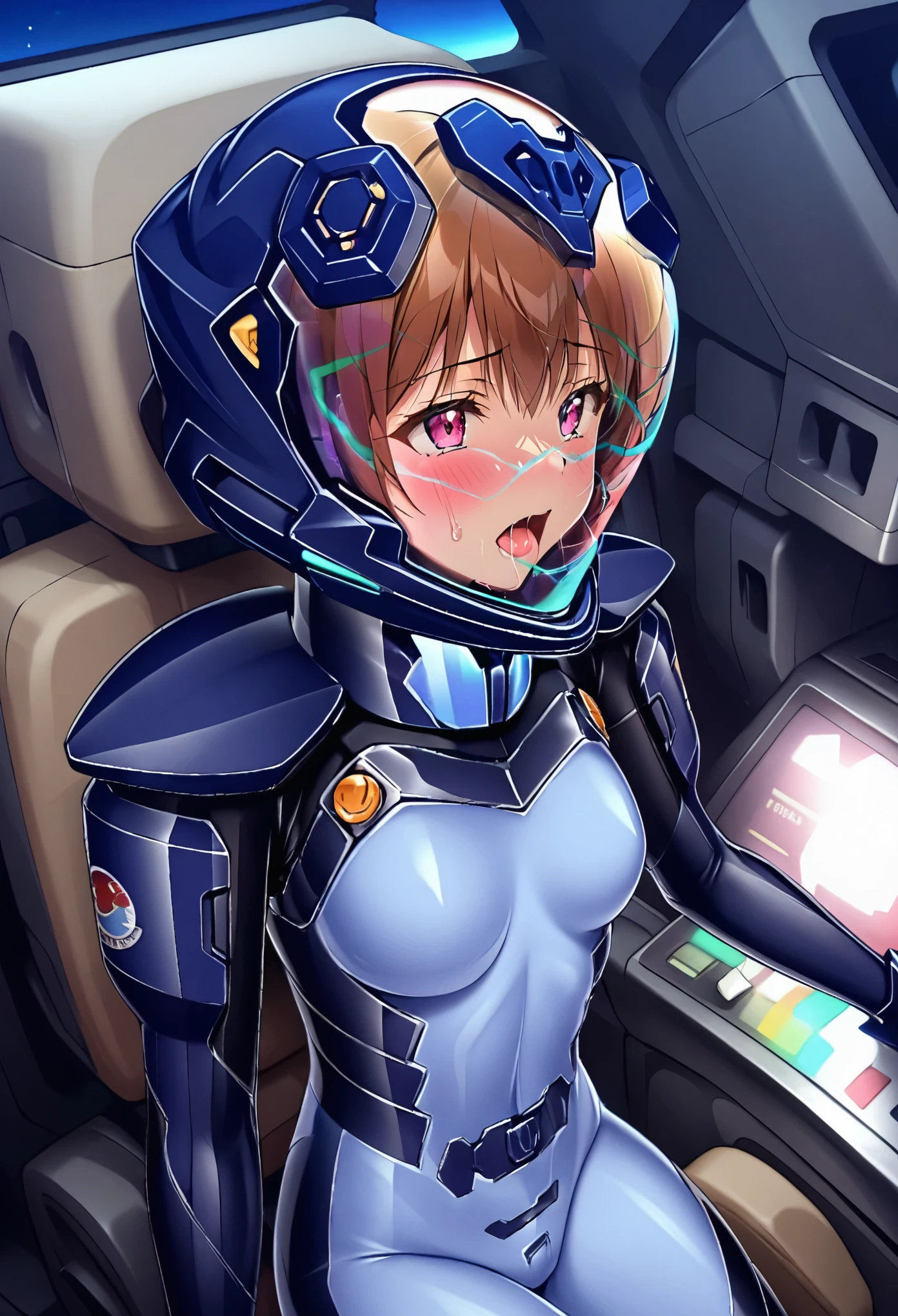 ((Female pilot in the cockpit of a reconnaissance plane), (airplane cockpit), (in flight), (10000 feet altitude)、(sky view):1.7),, short hair, street, emo, BLACK hair, white eyes, eyeliner, apocalypse, girl, nside the (cockpit:1.9) of a (futuristic spaceship:1.6), , blush,sitting on a chair, covered navel, space helmet, muvluv, space helm, plug suit , space helmet, eva helm, space suit, short hair, , blue bodysuit, visor helmet, ahegao, rolling eyes,saliva
