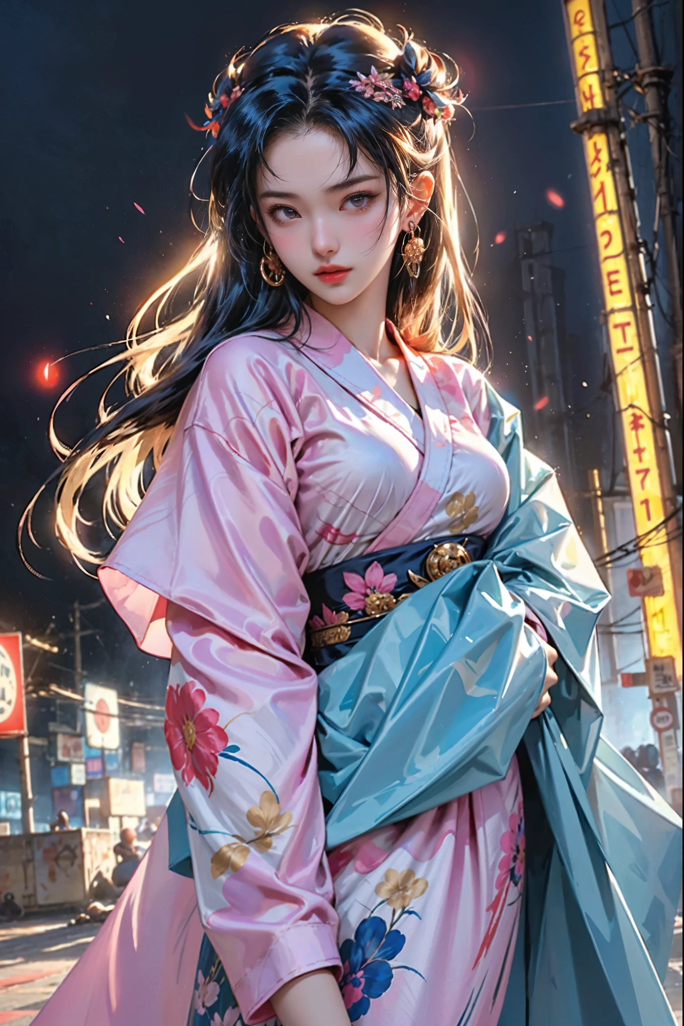 A captivating vector art piece featuring a fierce female warrior clad in an exquisitely detailed kimono, inspired by the visionary works of Satoshi Kon and Tatsuyuki Tanaka. The kimono is adorned with intricate patterns and vibrant colors, a testament to the richness of Japanese culture. Her steely gaze and formidable blade, stained with blood, convey an unwavering determination and strength.
Set against the backdrop of a dystopian Tokyo, the cityscape is a haunting blend of towering, contorted structures and flickering neon lights, casting a surreal and eerie glow. The scene is an intense, cinematic illustration that evokes the raw energy of Kill Bill, infused with the enigmatic allure of Guido Crepax's style.