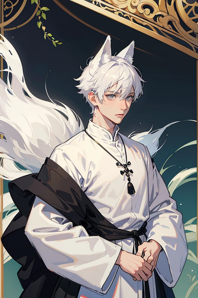 man, male, teen, white hair, short hair, grey eyes, white fox ears, white fox tail, medieval clothes, fantasy, thin, slender