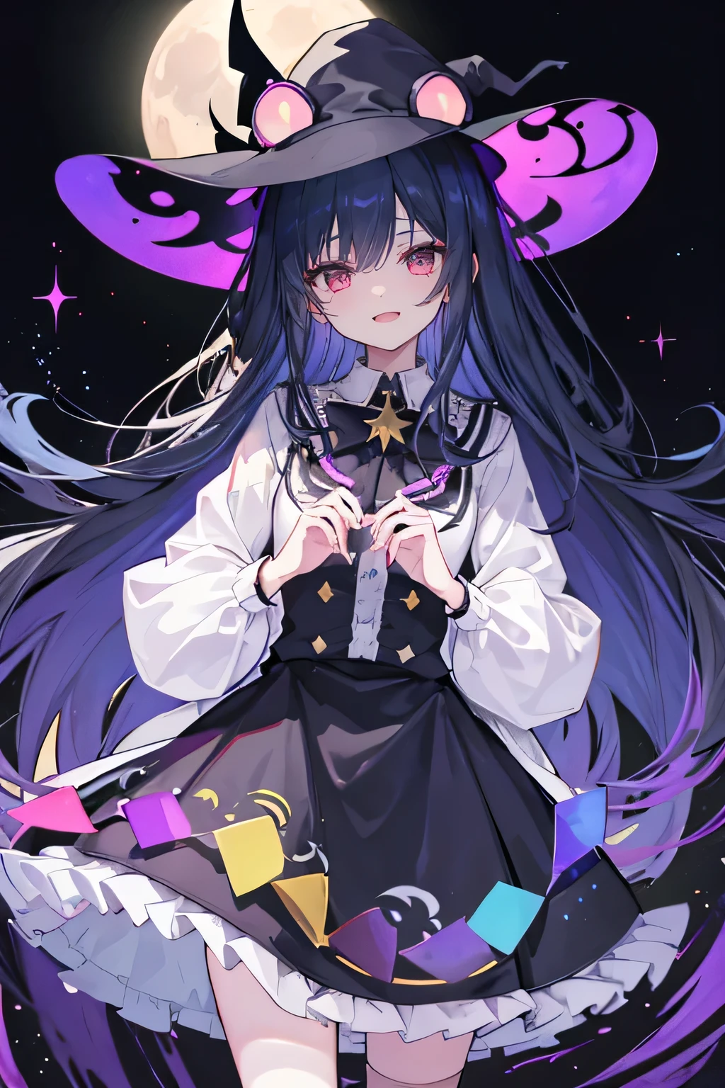 oung Girls,Humanity,A magician always smiles,big witch hat,cute,dark blue long hair,The eyes are dull,The bangs are heavy,Thin eyebrows,fantasy,intake,Double teeth,Star Theme,Constellation pattern,Solid color clothetal decoration,cloak,A bit of a dark atmosphere,A little crazy smile,When the big moon shines outside at night,blood,Hair black star embellishment,Short tie,No nails,High waist skirt,Bell sleeves,Long-sleeved shirt,Black tie,low risk,gentlemen。Mist、Yellow and white effect,Shocking pink as an accent color