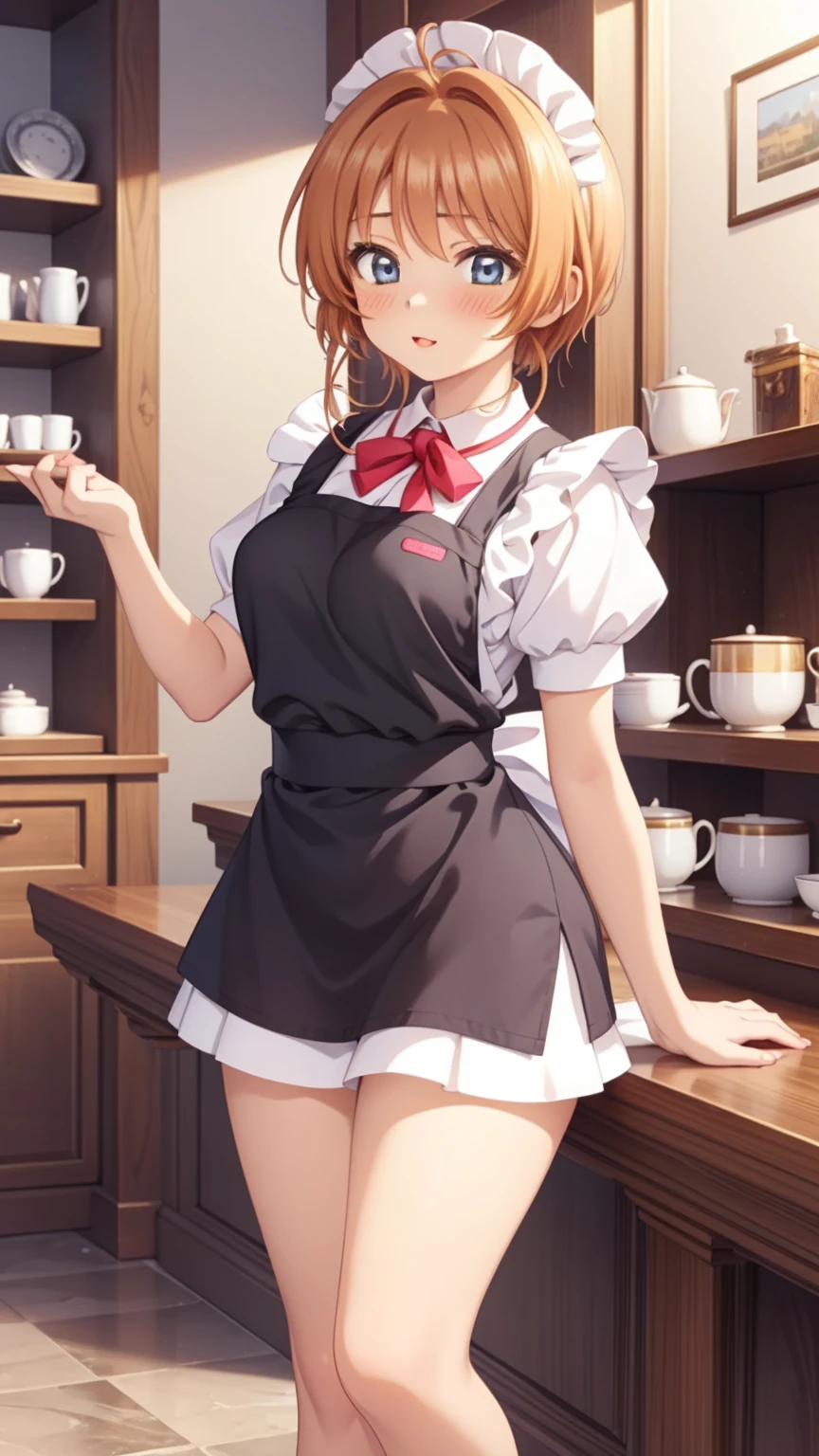 masterpiece, best quality, high resolution, 1 Girl, Delicate face, blush, Anime CG style, (Medium breasts), (18 year old girl:1.3), (grown up), Good lighting, Perfect body, Sakura Kinomoto, Glossy lips, cleveage, (Curvy beauty), Coffee Shop, maid, Short puff sleeves, small maid apron, High Leg Raise