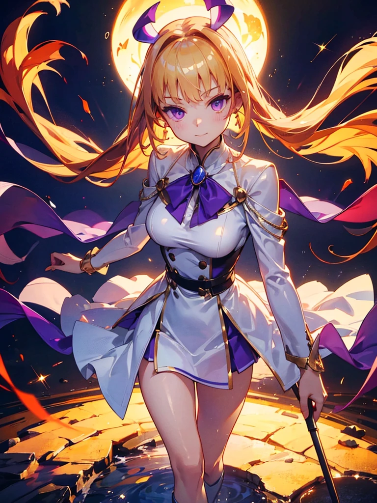 Highest quality,((Highest quality)),((Tabletop)),((Perfect Face)),1 girl.White and purple dress,White jacket,With a cane,armsを持っている,The flames flicker,Blonde,Purple eyes,smile,beauty,((Holographic)),(masterpiece:1.2, Highest quality),(Colored Background) (Beautiful attention to detail: 1.2), (Highly detailed CG Unity 8K wallpapers, masterpiece, Highest quality, Very detailed, Best Shadow), (Detailed Background), White jacket,arms(woman,Carrying a walking stick),alone ,Blonde,Purple eyes,One girl, sketch (Character design sheet, same characters, whole body, Three-View, front, ~ ~ side, return), alone,
