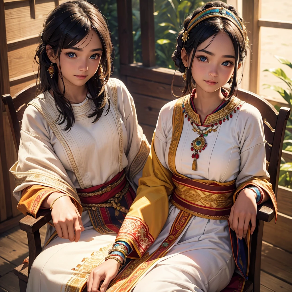 a young girl, , sun-kissed skin, wearing a vibrant traditional ethnic costume with intricate embroidery, sitting on an old wooden chair, smiling, (best quality,4k,8k,highres,masterpiece:1.2),ultra-detailed,(realistic,photorealistic,photo-realistic:1.37),portrait,detailed face,beautiful detailed eyes,beautiful detailed lips,extremely detailed eyes and face,longeyelashes,warm lighting,vibrant colors,soft focus,detailed clothing,traditional culture