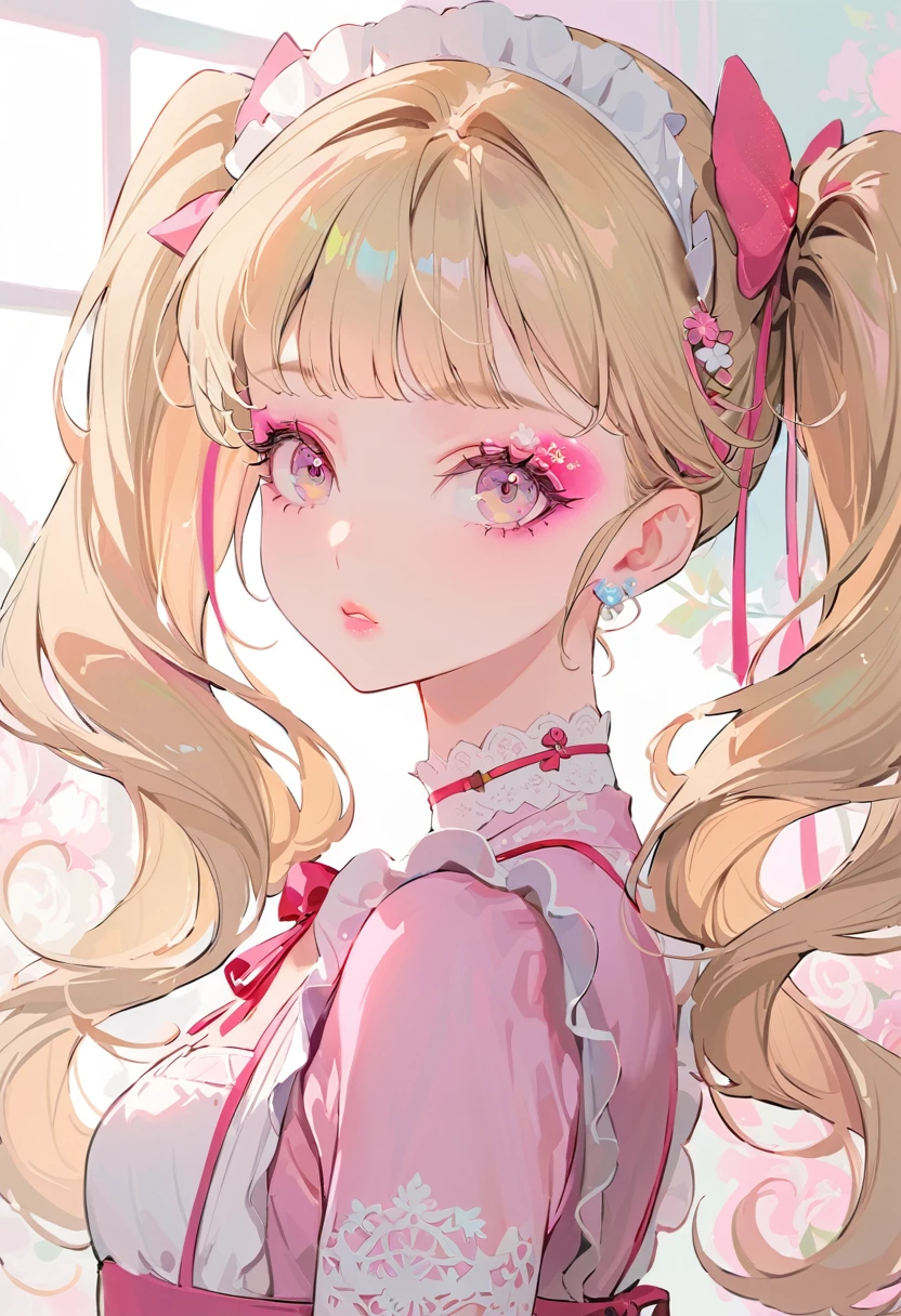 (Highest quality,Very detailed,High resolution:1.2),Beautiful girl with perfect face,very_Long eyelashes, Detailed lips, Cool look, Soft Skin, ,Vibrant Background, Natural light,The cutest girl in the world,Exquisite makeup,Long blonde hair with pink mesh at the ends, Twin tails, Maid clothes, I have a gun in my hand,