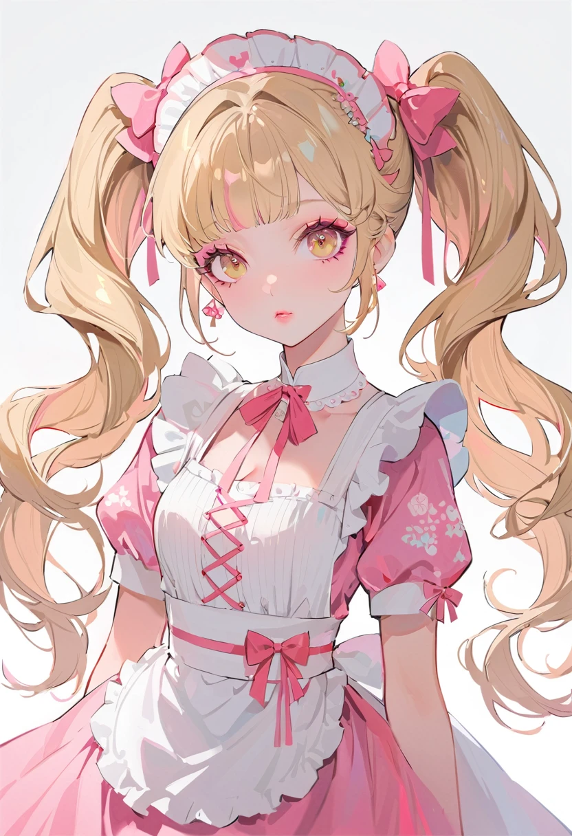 (Highest quality,Very detailed,High resolution:1.2),Beautiful girl with perfect face,very_Long eyelashes, Detailed lips, Cool look, Soft Skin, ,Vibrant Background, Natural light,The cutest girl in the world,Exquisite makeup,Long blonde hair with pink mesh at the ends, Twin tails, Maid clothes, I have a gun in my hand,