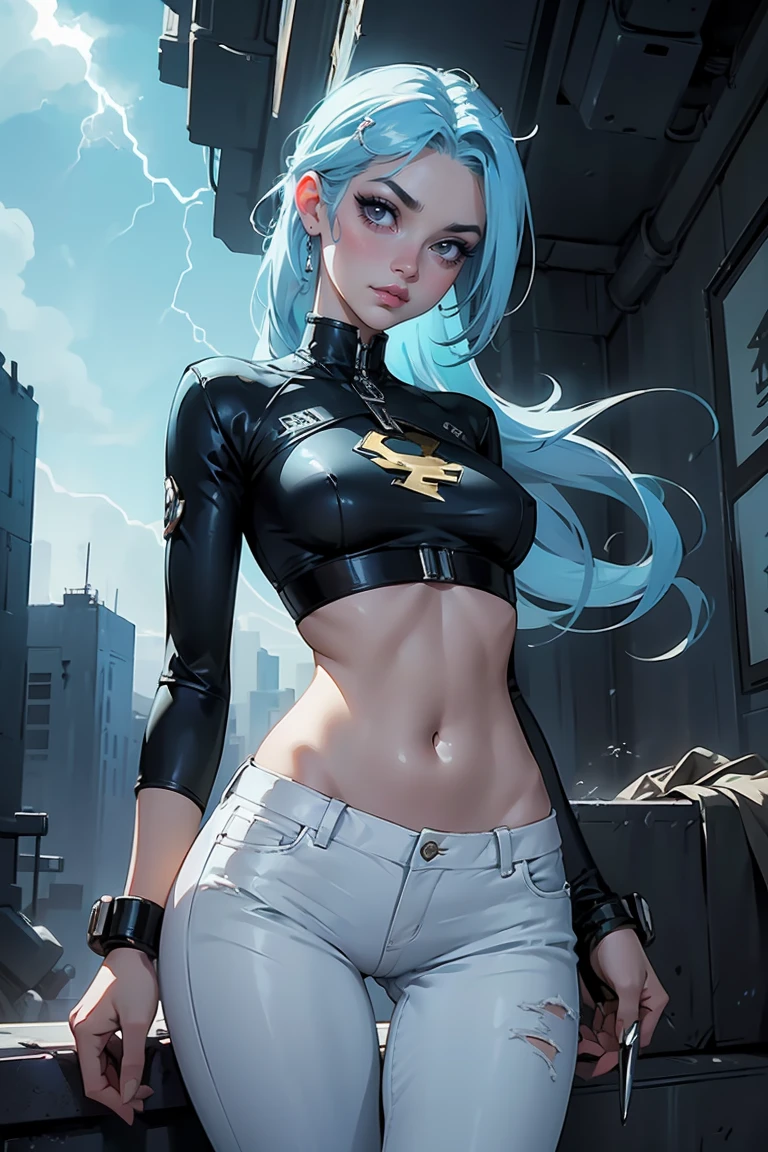 Goddess ((goddess-like woman)), slim elegant silhouette, masterpiece, (close angle), best quality, pale skin, fair skin, sweet face, (masterpiece:1,2, best quality), (real picture, intricate details), (1 lady , solo, medium , slim waistline, ), ((Jinx/LOL)), a tall and well-endowed young woman with long, light-blue hair. She has blue eyes, prominent eyelashes, and thin, lightning-bolt shaped eyebrows.[4][5] Her attire is a white crop top and blue jeans. She holds a gun in her hands in an epic way.[7], sweet smile, thigh gap, sweet irresistible smile, elegant pose, elegant hands, beautiful hands, perfect fingers, background: post-apocalypse, burning city, epic shot