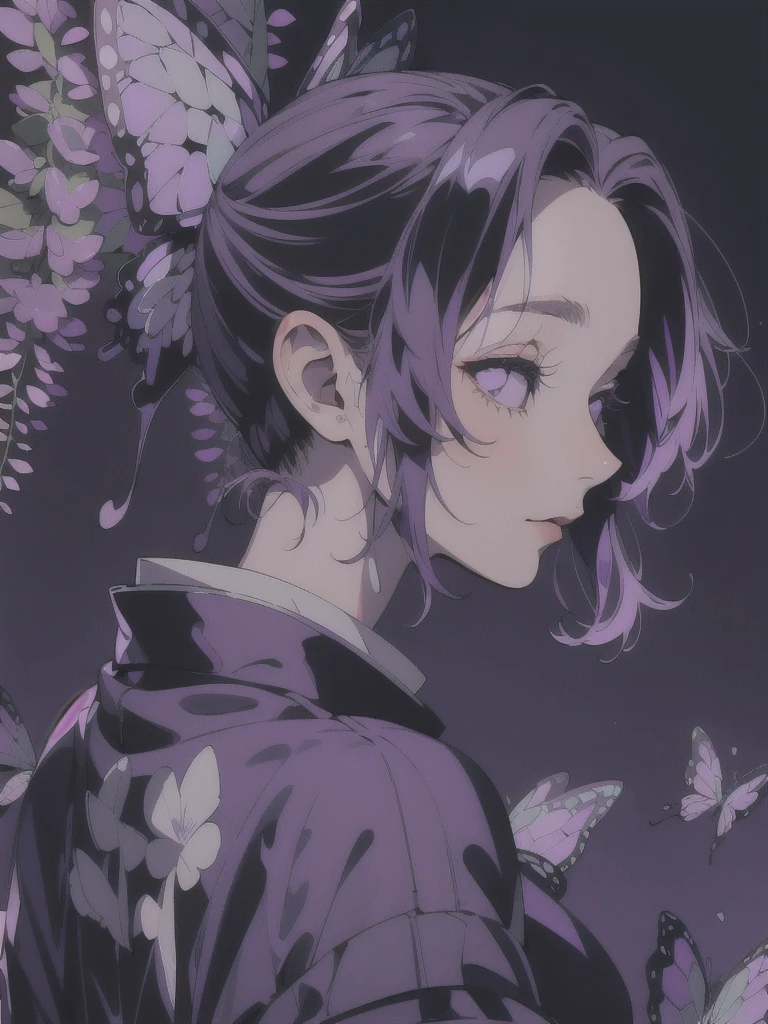 masterpiece, (purple kimono), seductive face, good lighting, décolleté, huge breasts, small details, masterpiece, glowing eyes, 1girl, purple  hair, gag, Kochou Shinobu, wisteria background, masterpiece, best quality, POV, whole body, wide hips,