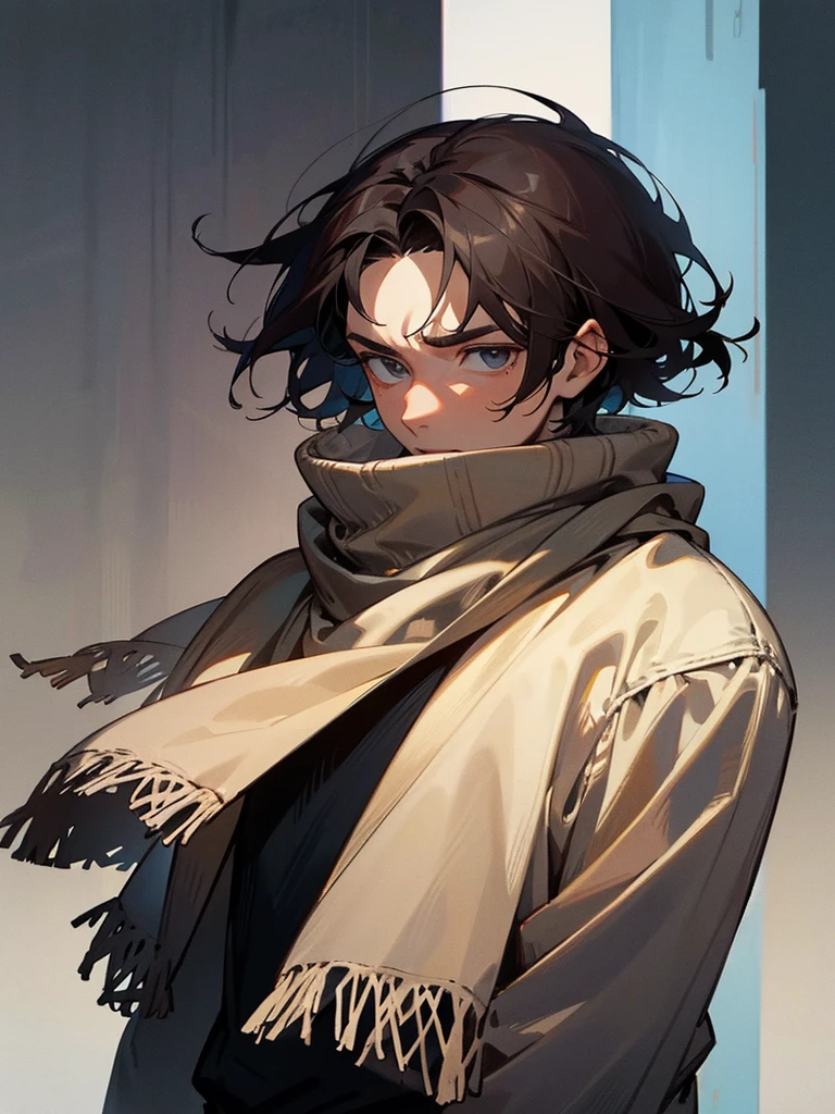 a fairly tall human,, man, dark hair , a bit, with a rough appearance, being strong, man, sweater, scarf, on a cold day, short hair