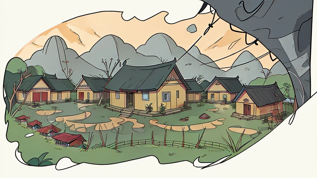 Top quality,cartoon style, drawing with black lines and colored, Vietnam village at 1960, poor village with Vietnamese cabins